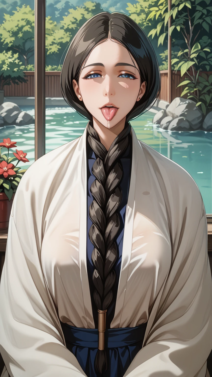 highest image quality taken by Ki、 Anatomically Accurate、Japan(Showa) In the garden of a private house 、Black hair braid long 、Sexually seductive expression 、Semen dripping out of the tongue、 nipple erection A lot of breast milk is dripping、