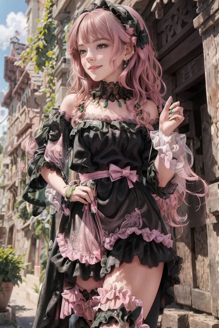 masterpiece, Highly detailed, realistic, Cinematic Lighting, Daylight, beautiful face, beautiful eyes,
 1girl, solo, (-yeld-magl_girl), (short-pink-wavy-hair and green-eyes:1.5),
 (wearing black-See-through ruffle-and-lace Idol Costumes:1.5) ,(Roman sandals),
 (has a magic stick), (tube top), (Necklace), (Jewelry), (small breasts),
 (pretty face),(looking away),
(pretty face),(smile),