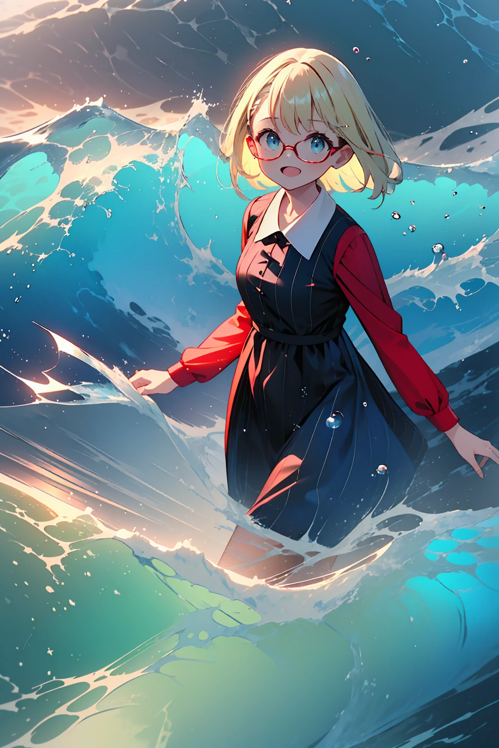 (8k,  super high quality , masterpiece:1.2),  super high res,  cute,  girl , solo, whole body, Blonde, Blue Eyes, Navy Blue Dress, Red floral pattern, Hawaiian Dress, sea,  like a ,  bright smile, soaked, whole bodyに水滴,  walking with hands on a cliff , Submersion, 