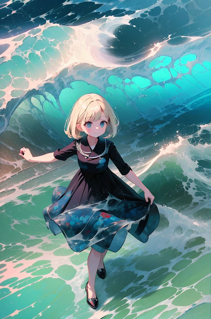 (8k,  super high quality , masterpiece:1.2),  super high res,  cute,  girl , solo, whole body, Blonde, Blue Eyes, Navy Blue Dress, Red floral pattern, Hawaiian Dress, sea,  like a ,  bright smile, soaked, whole bodyに水滴,  walking with hands on a cliff , Submersion, 