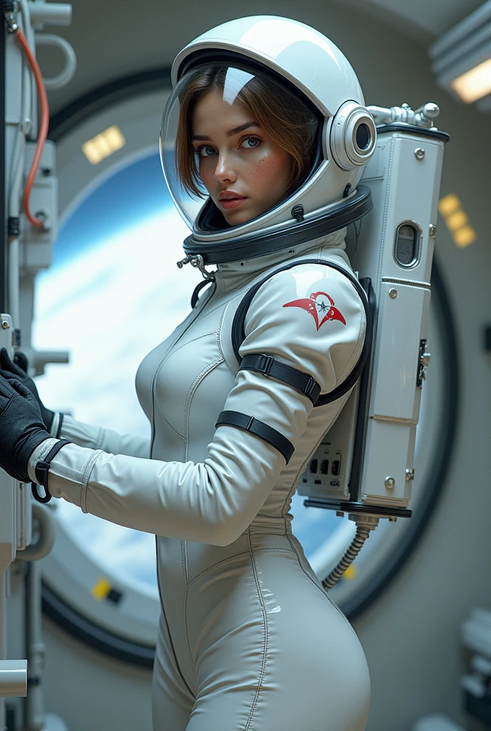 ALEXANDRA DADDARIO,short hair,Bangs,red hair,wear a dress ((White futuristic space suit)) On the space station.,  realistic skin, incredible light, ultra realistic,complicated, Sharp focus, Ray Tracing, rtx, Professional color grading, Professional photography, Masterpiece, very detailed, High quality, best quality, 4k, 8k, raw , regeneration of the skin, big breasts,She breast size is M cup, full body, she very sexy, she have perfect body, she so beautifully,She have good eyes,She is full of charm,close up