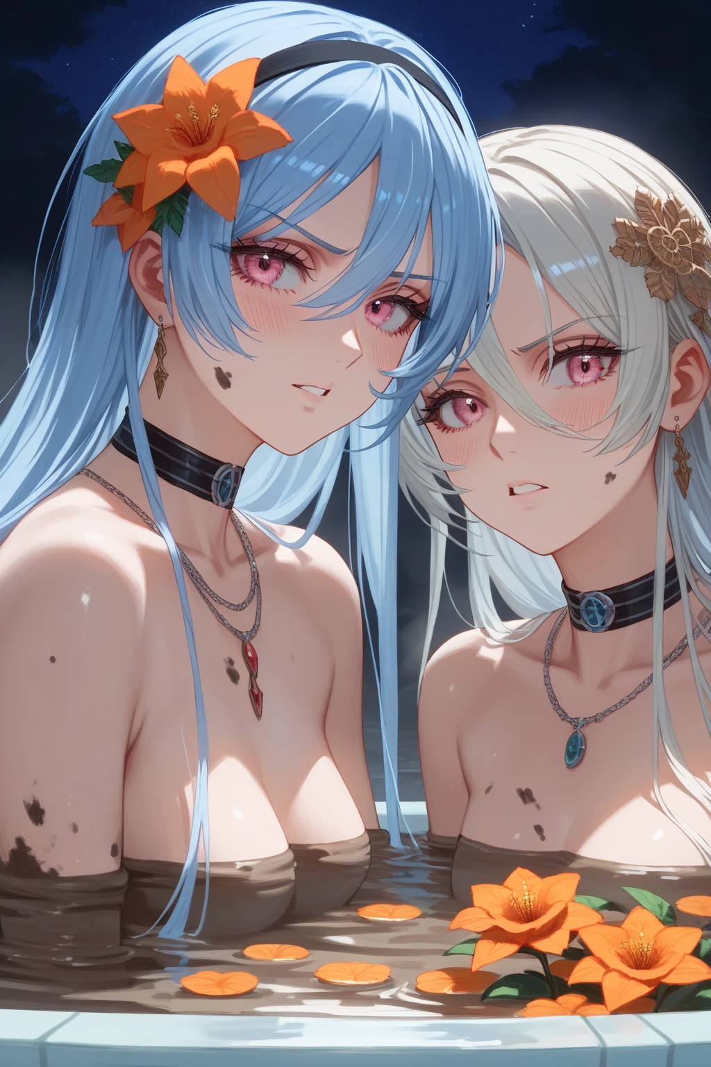 A few girls、smiling face、vitality、pleasant、(appearance々Types of swimwear、appearance々Swimwear in different colors、appearance々Length hairstyle、appearance々Colored hair、appearance々Colored eyes)、(They're as flat as planks。They have flat breasts。Flat、They are considered very thin、slight chest、faint breasts、modest chest、Lori:1.6)、Vivid Color、Colorful、Amazing starry sky、Girls pointing at meteors、Humanoids in fantasy worlds、Little girl、Cat girl、Fox Maiden、Slime Girl、Harpy Girl、Shallow pool illuminated by half moon、Dim lighting by the pool、Fantasy World Illumination Pool、They are happily looking up at the starry sky from the poolside、Angle from the ground by the pool、Angle from low、snapshot、Detailed depiction、Wet skin、Beautiful and detailed background drawing、Fantasy、