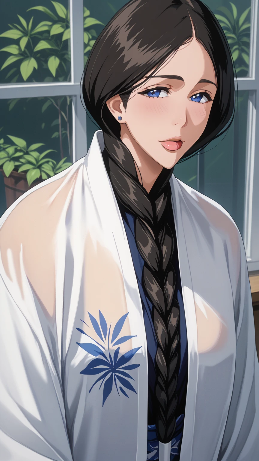  highest image quality taken by Ki、 Anatomically Accurate、Japan(Showa) In the garden of a private house 、Black hair braid long 、Sexually seductive expression 、Semen dripping out of the tongue、 the jacket is see-through and I can see my boobs in full view、 nipple erection A lot of breast milk is dripping、