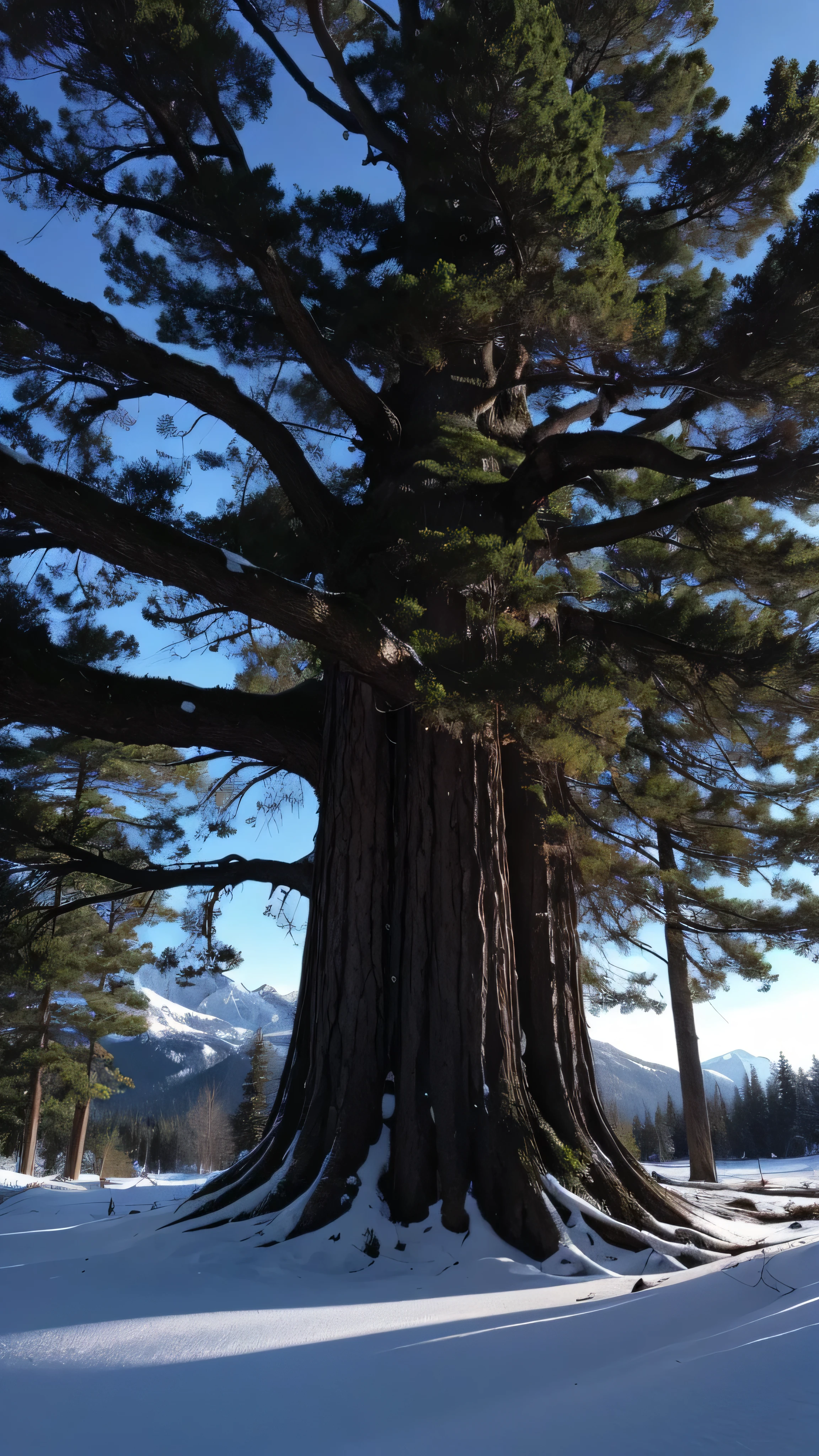  in high-definition images， Giant Tree々 and a mysterious forest where magical beings hide in branches, 8k, High quality giant tree forest、 forest where fairies are believed to live 、Snowy mountains in the background 。