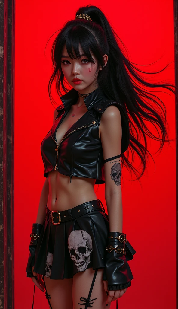  A beautiful young Korean woman .
  Toe-length black hair , fluttering. 
Crystal honey-colored eye , incandescent,  tapa olho direito with skull print .
 gothic makeup . 
 Dressed in a shiny rock-style black leather vest,  showing a defined and sexy belly .
Black skirt, Short, schoolboy style, sexy, with skull print . 
 black pantyhose , torn, semi-transparent. 
 Platform style high top shoe . 
 Long legs, thin and sexy .
 full body .
 Simple red background. 
Efeito sem brilho.
(anime style 32K, 3d, HDR, UHD, intricate detail, extremely intricate detail, hyperrealistic, extremely realistic, high quality,          vivid color         , extremely detailed).