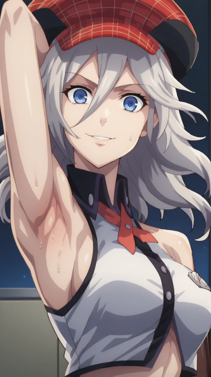 score_9, score_8_up, score_7_up, source_anime, anime screencap, 1girl, solo, alisa god eater, long hair, silver hair, wavy hair, large breasts, blue eyes, hat, midriff, bangs, elbow gloves, under boobs, side boobs, arm behind head, armpit, looking at viewer, head towards viewer, smile, badhandv4, indoors, night, bare shoulders, bare arms, from side, from below, detailed armpits, sweaty armpits