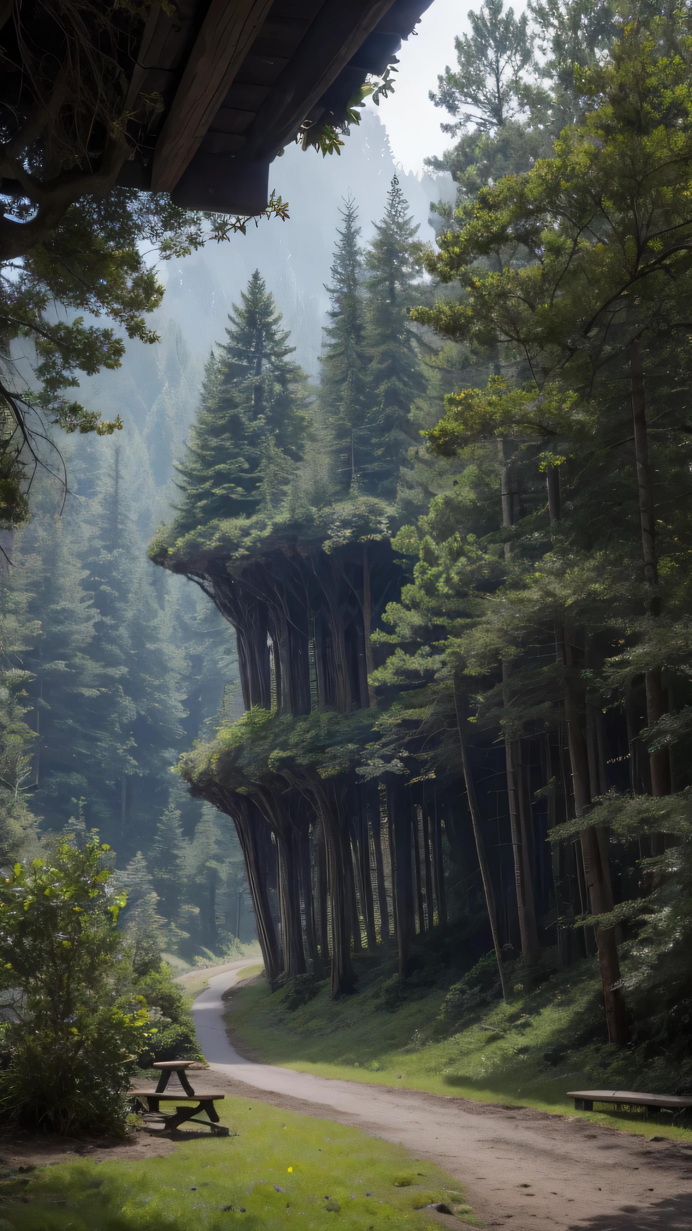  in high-definition images， Giant Tree々 and a mysterious forest where magical beings hide in branches, 8k, High quality giant tree forest、 forest where fairies are believed to live 、Snowy mountains in the background 。