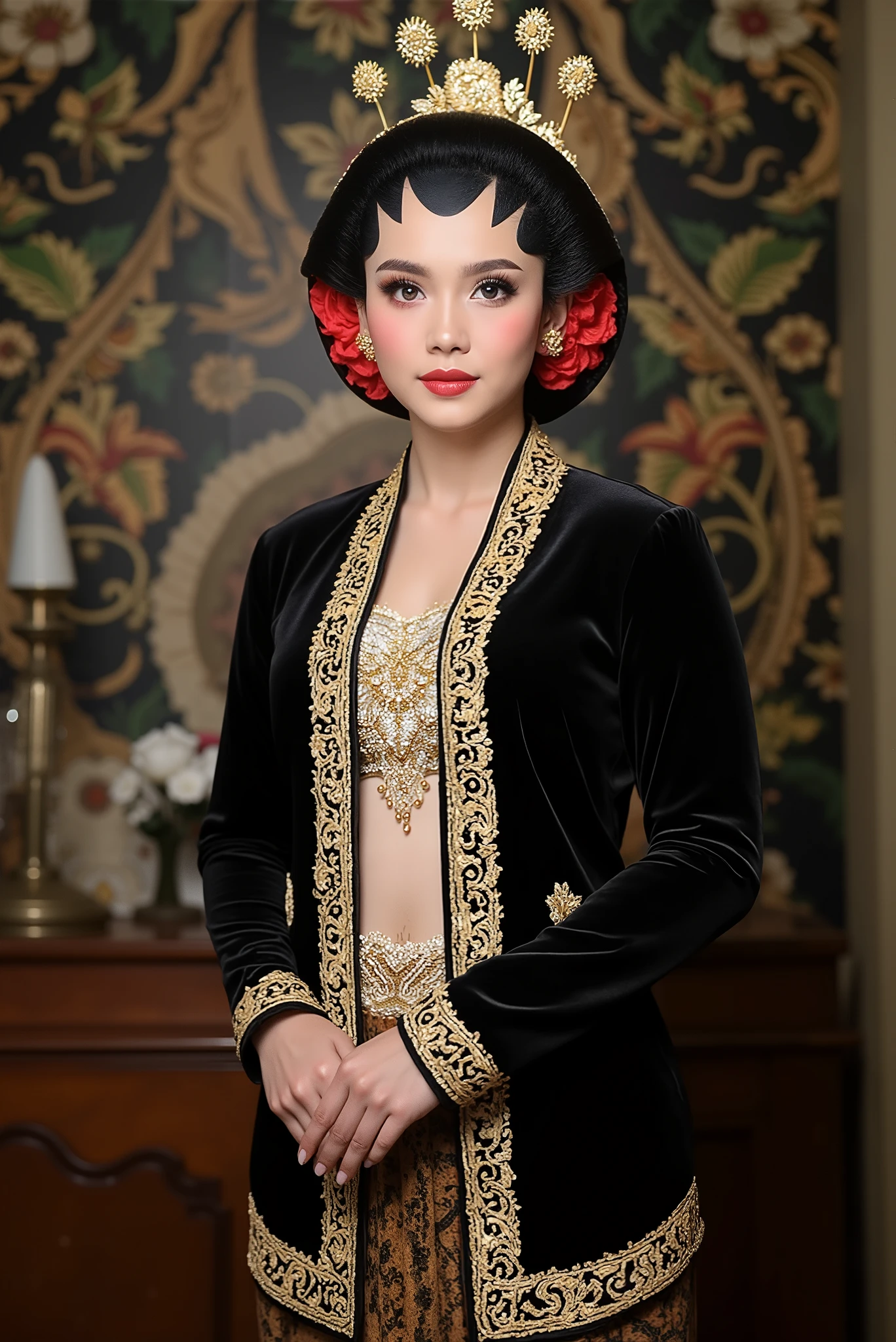 sexy javanese with absolute cleavage, open shirt and thigh slit wearing glasses showing navel