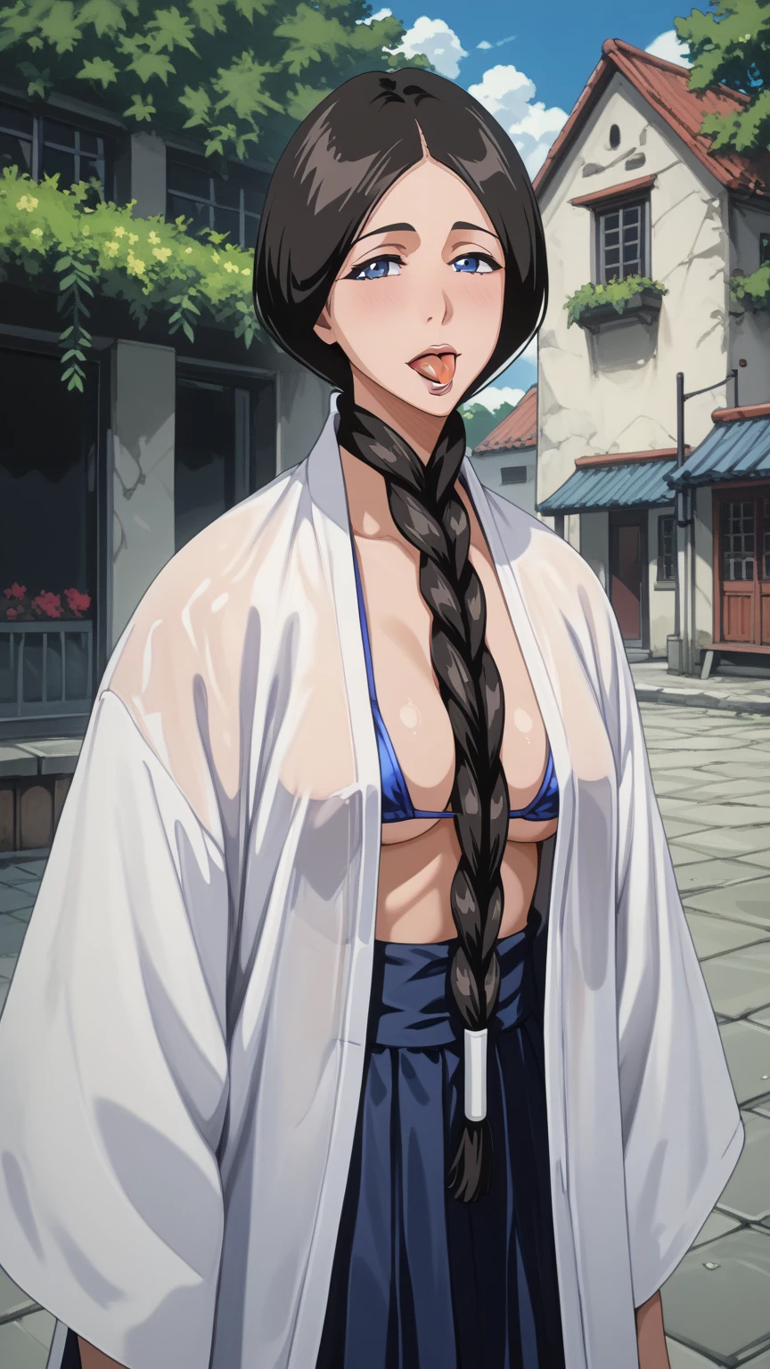  highest image quality taken by Ki、 Anatomically Accurate、Japan(Showa) In the garden of a private house 、Black hair braid long 、Sexually seductive expression 、 stick out your tongue、Semen is dripping from her mouth 、、 nipple erection A lot of breast milk is dripping、 thin white micro bikini with fabric、