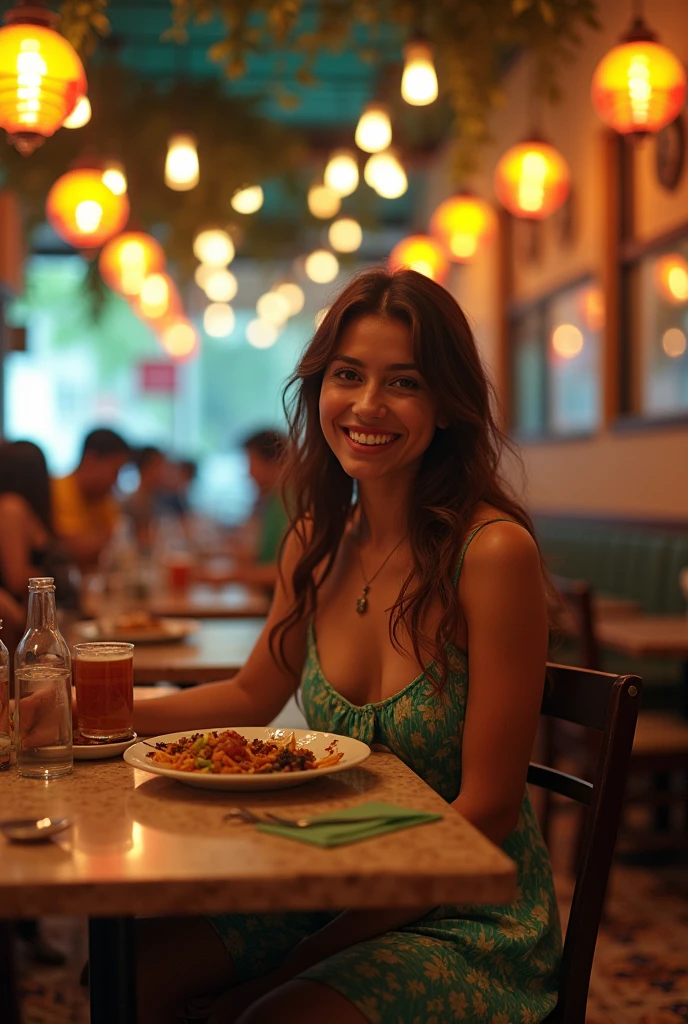 Natalie Portman sitting in a traditional Mexican restaurant with a young and beautiful 3 woman. In front of both of them a plate with beans.