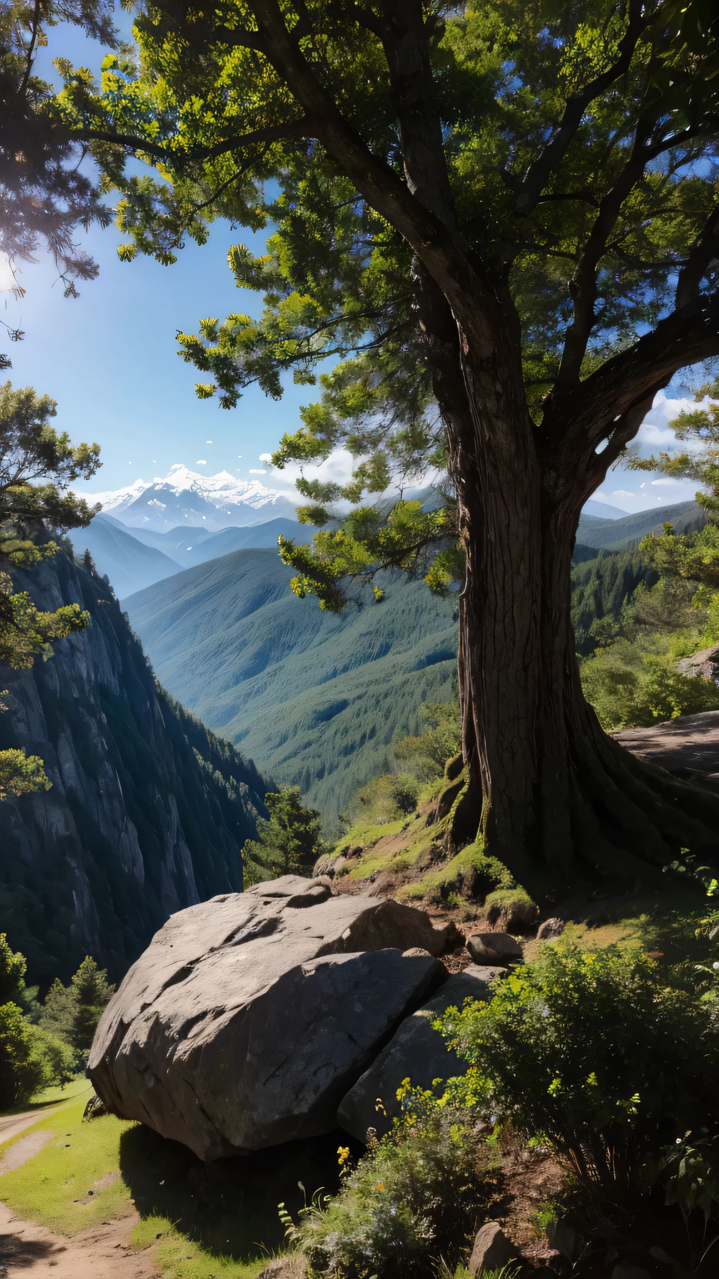  in high-definition images， Giant Tree々 and mysterious forests where magical beings are hidden in branches, 8k,Beautiful flowers々Forests with high quality giant trees blooming in full bloom 、 forest where fairies are believed to live 、Snowy mountains in the background 。