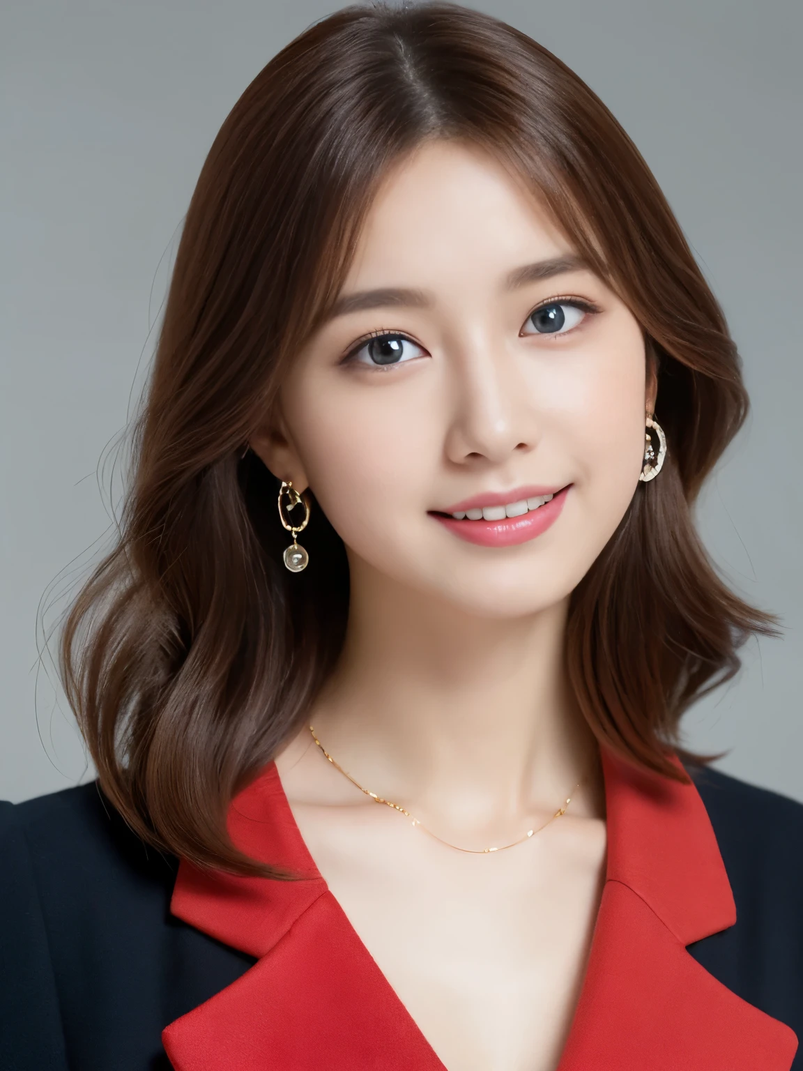 masterpiece, 8K, Realistic, Best Quality, Photorealsitic, 1人の女性, 30-years old, Facing the front, ssmile, hyperdetailed face, A detailed eye, Look at viewers, Thick lip, Ash light brown hair, Long hair, medium breasts, wearing diamond necklace, cleavage of the breast, white shirt, Brown blazer, Inside the office, Bokeh, Long sleeve