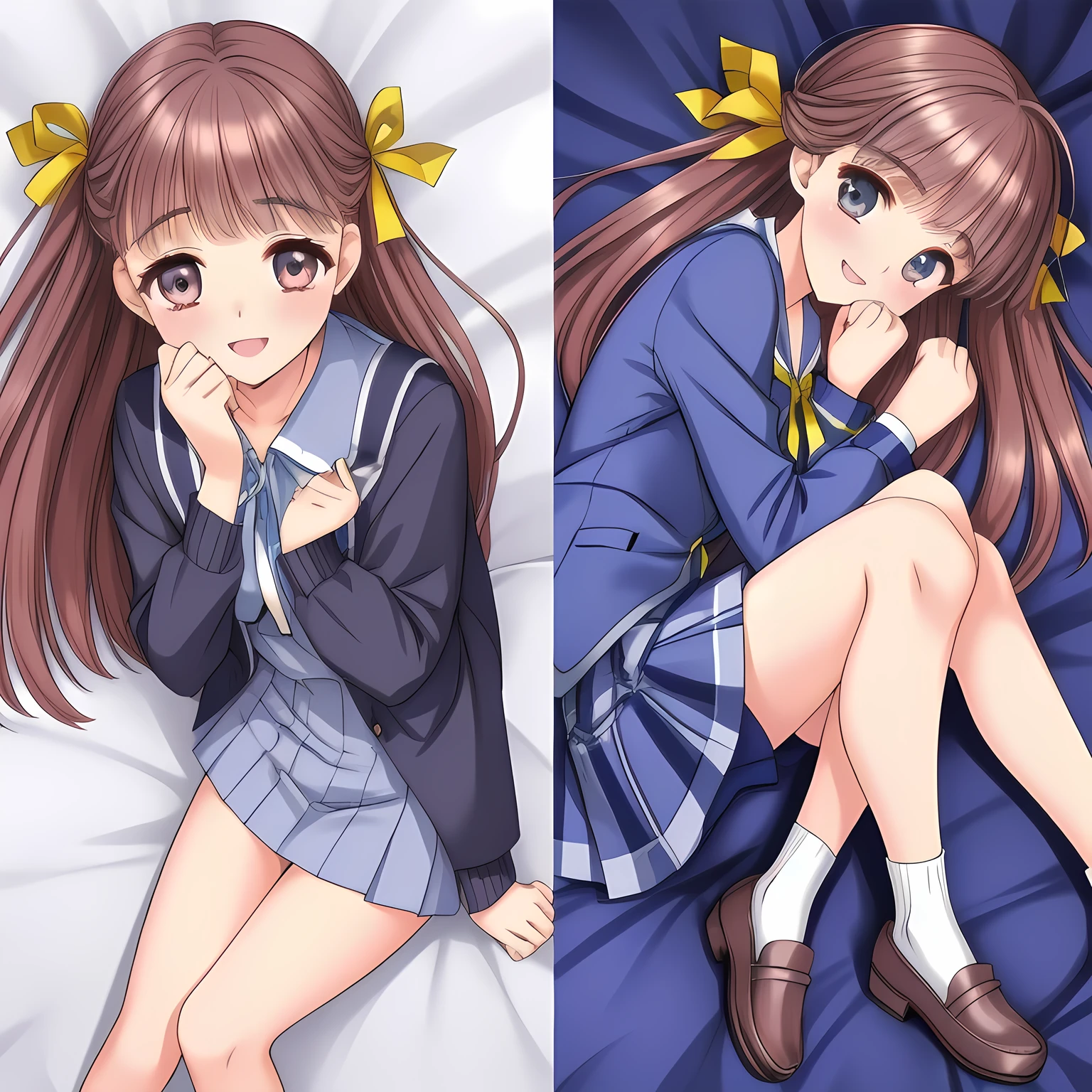 (highest quality, masterpiece: 1.6), (Too pretty intelligent girl with navy uniform is posing as a fashion magazine model with a perfect supreme smile, looking down elegantly and laughing at the viewer, Too Beautiful noble 18yo beautiful anime noble heroine, unbelievable beauty, beautiful giggling noble elegant 18yo neat anime heroine wares completely white neat blouse covered by navy-blue-expensive-blazer and navy-blue-checkered-plaid-school-skirt with metallic luster, inviting me to the world of neat school-uniform pleasure, Noble Elegant blazer-style school uniform with prettiest blouse and blue-breast ribbon, beautiful legs with white socks, loafers: 1.5), (Anime-heroine's girly noble brown winked eyes are shining. one-eye is closed, the other is open. The eyes have deep strong effect of allusion to the viewer: 1.6), (Eyes, face and hair are especially beautifully detailed and beautifully drawn: 1.8), (Girl whom everyone loves because of her beauty and lovely fashion and noble manner and magic-charm: 1.4), (Very beautiful, various, cute gorgeous rich dark black hair like seducing hair model, with elegant big yellow hair ribbons: 1.5), (Perfect style like a famous school fashion model: 1.2), (Clearly-detailed well-contrasted neat bewitching too-expensive atmosphere foreground: 1.8), (Dark-blue background: 1.9), (Viewer can't to stop falling into deep allusion by her beautiful seducing sweet pure soprano voice with extreme pleasure with high-class classic music: 1.8), (Show her front and back of full-body shots on the bed side by side: 1.5)