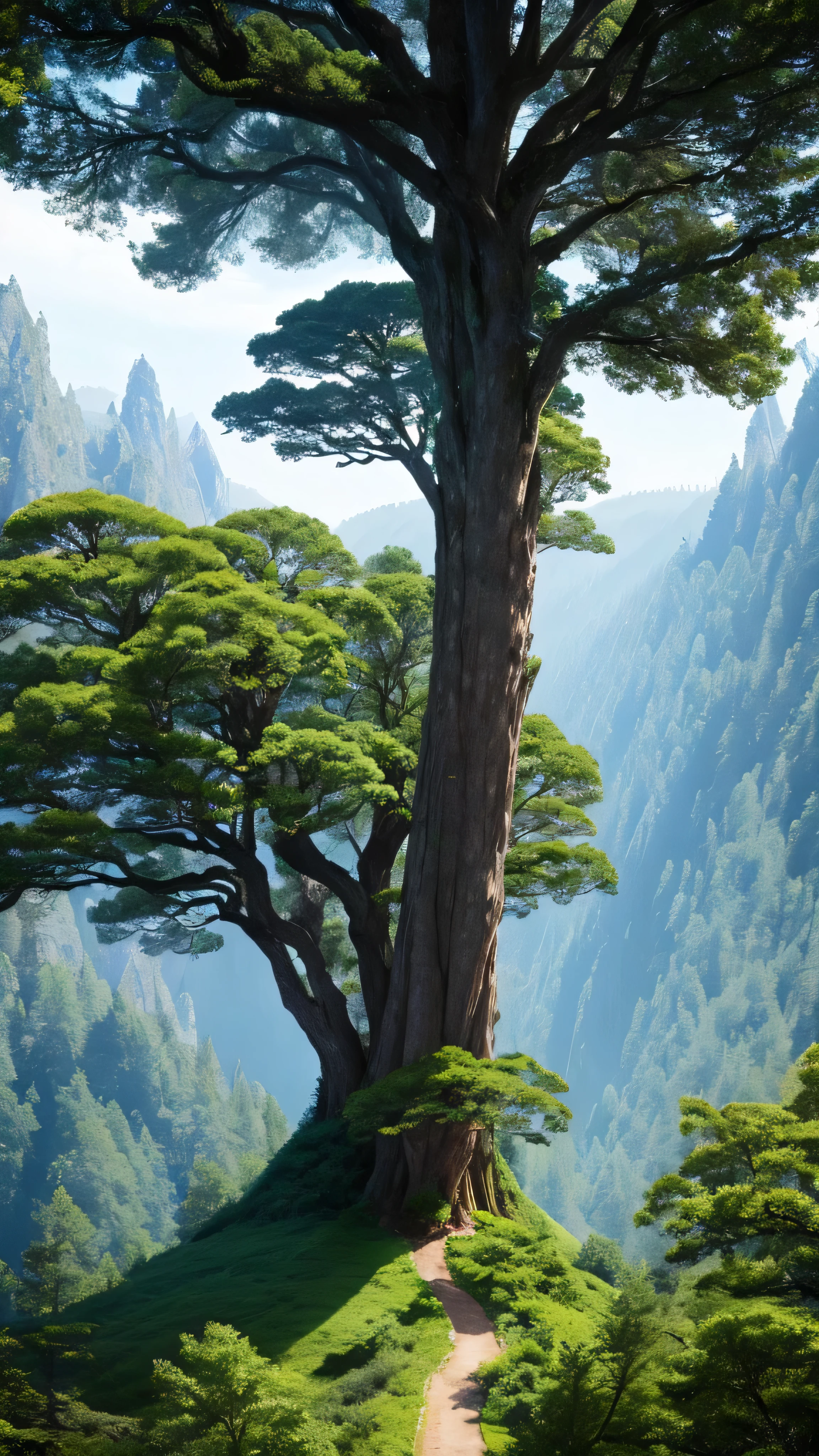  in high-definition images， Giant Tree々 and a mysterious forest where magical beings hide in branches, 8k,  high quality giant tree forest 、 forest where fairies are believed to live 、Snowy mountains in the background 。