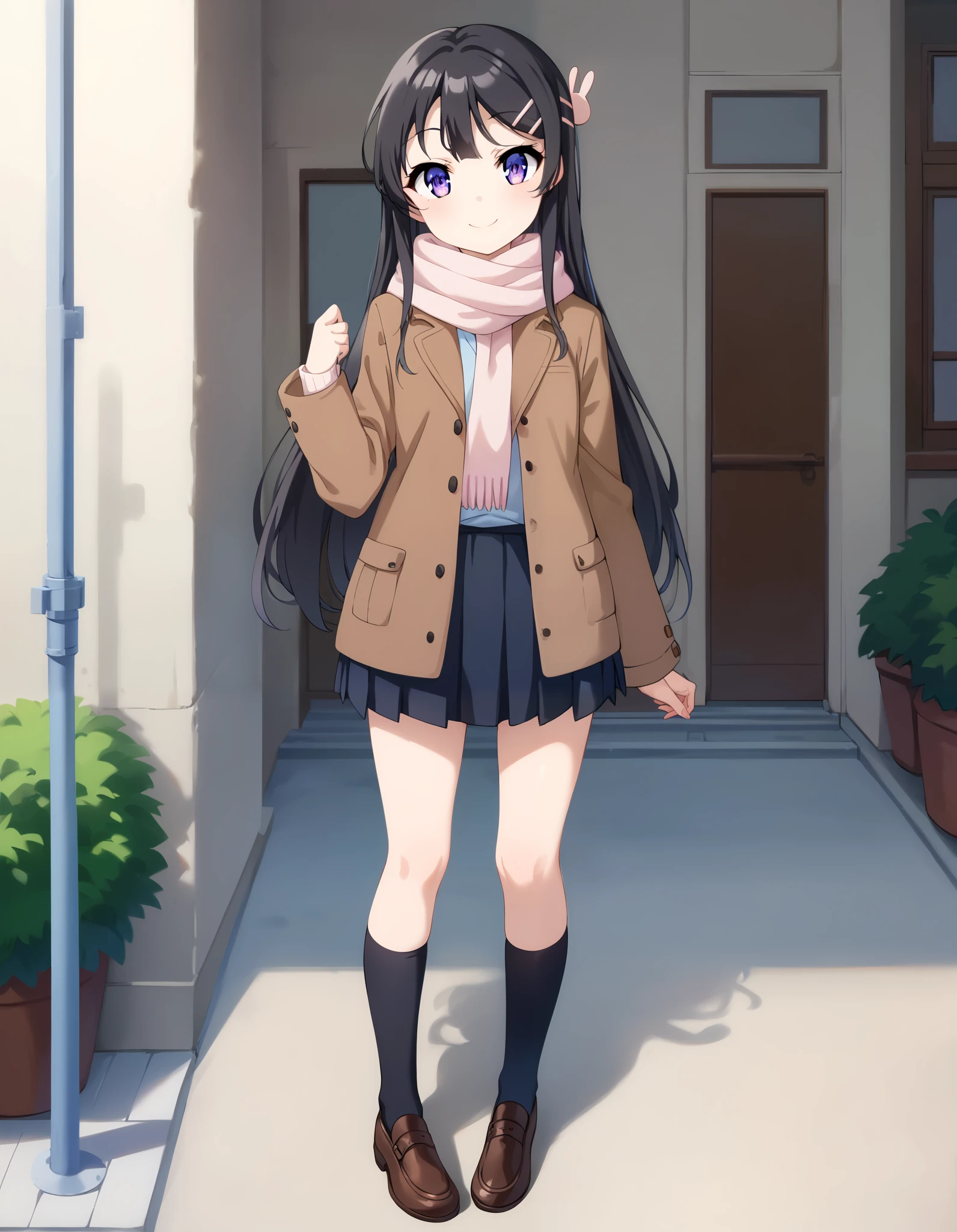 Hd, (littlegirl:1.2) (slender body) (thin body), long hair, black hair, purple eyes, hairclip, rabbit hair ornament, Mai Sakurajima, wearing brown jacket, winter jacket, scarf, scarf on neck, winter scarf, wearing pleated skirt, black socks, brown shoes, (white skin) happy and confident expression. full body, (ch1ldren playing), short girl, cute girl, (loli:1.2), (ch1ldren:1.2),  long straight hair, thin legs, flat chest, flat breasts. (happy, smile, cheerful), Standing, outdoor