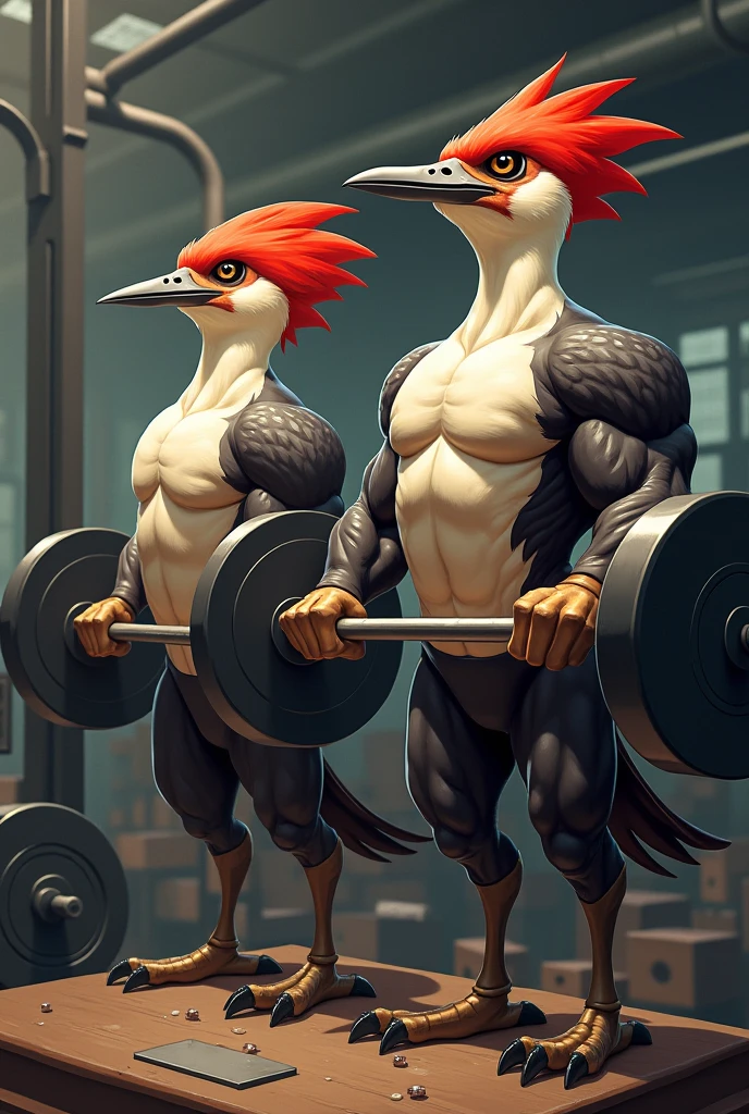 chicken man, tall, very muscular, Japanese onomatopoeia, bodybuilding poses, small and tight jacket, chicken head, furious face, hirohiko araki style art, drawing art, colored background, detailed image, black outlines around the muscles, full body , aura of yellow rays, stunning lights, white chicken head