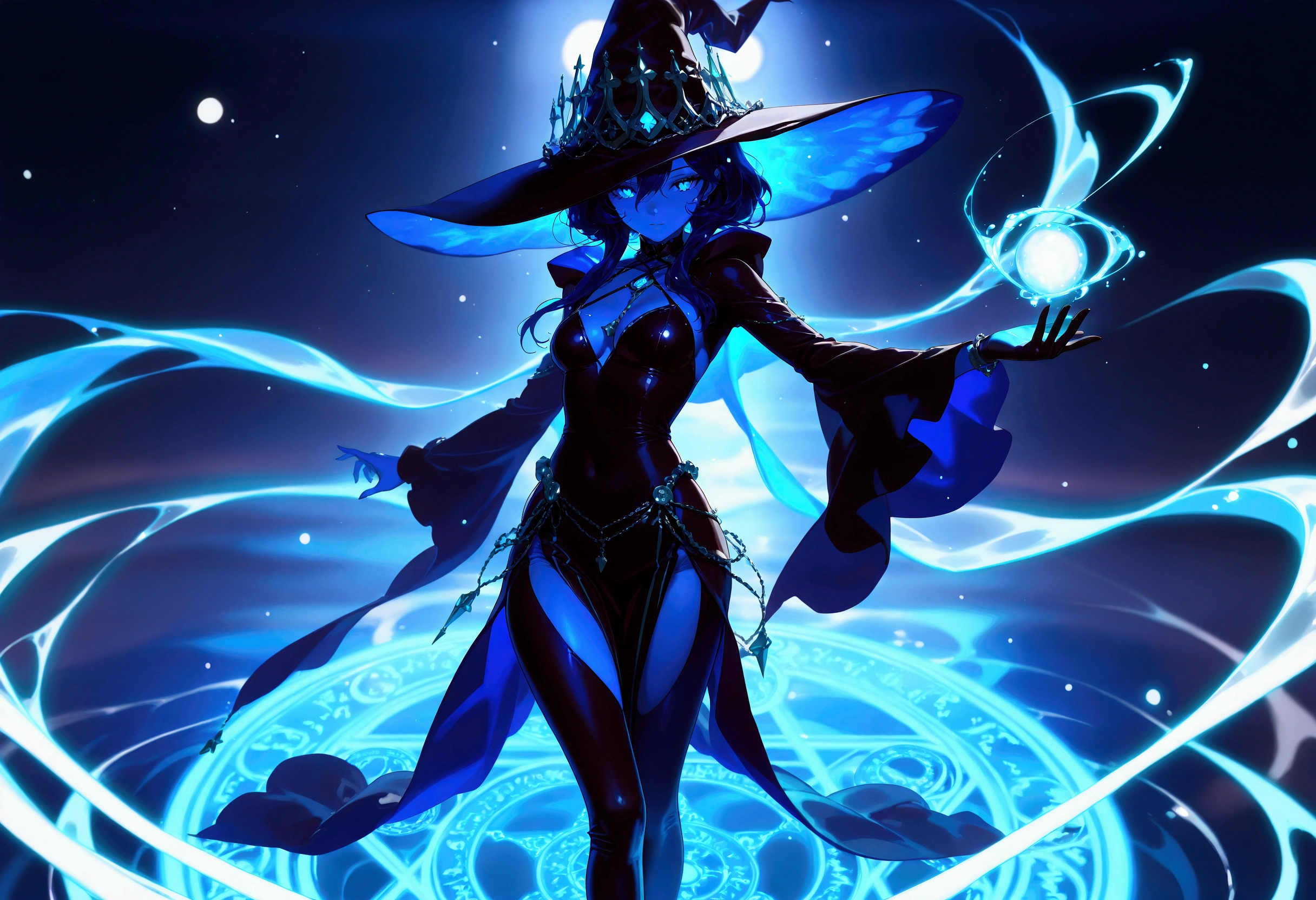 The water witch who manipulates water and bubbles ,  has water columns and lots of bubbles generated from the magic circle, (best quality,4K,8k, highres icon,masterpiece:1.2),ultra-detailed,intricate details, high fashion, dramatic lighting, cool colors, Chiaroscuro