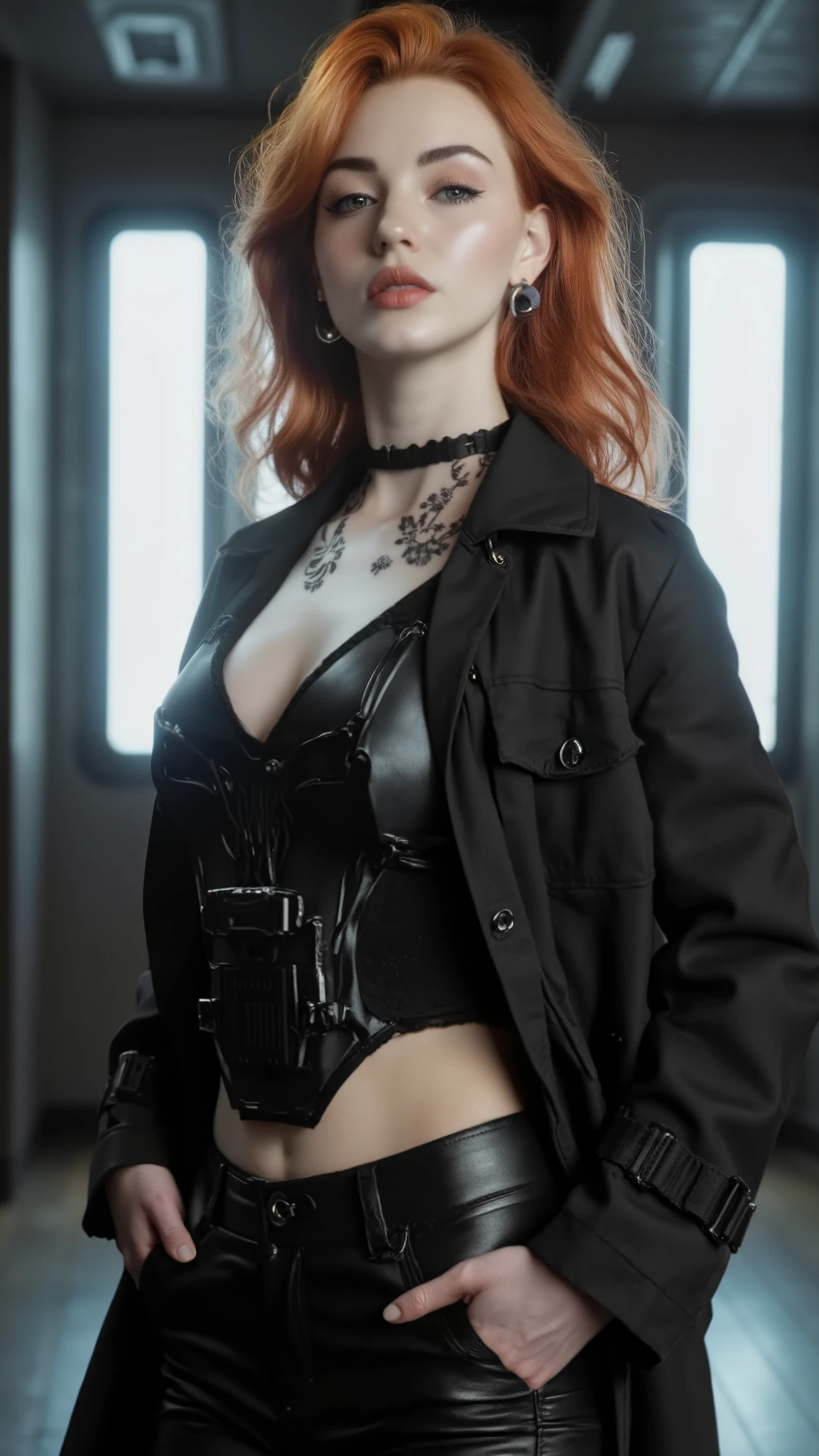 1woman, age 24, Solo, Aesthetic artwork, irish redhead, long ginger hair, commanding presence, stern glare, wavy red hair, green eyes, floral tattoo on shoulder, pale skin, sci-fi themed clothes, long black trench coat, black trousers, skin tight tactical vest over sleeveless shirt, covered abdomen, C-cup, medium breasts, fit and slim body, detailed skin texture, dynamic pose, sci fi indoors, cyberpunk themed artwork (extremely detailed 8k wallpaper), cinematic lighting, high quality, Fujifilm XT3 sharp focus, f 5.6, 50mm, High Detail, Sharp focus,(estudio light), crazy details, complex details, hyper detailed.