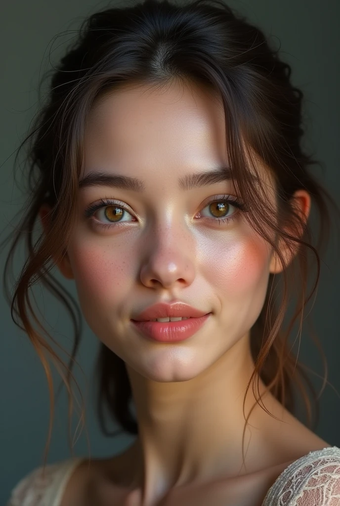 Masterpiece, Superior quality, [instead_eyes], ultra detail, fog, NSFW, (Expressionless) , portrait young woman, White skin, Raven haired, slim, cara slim, eyes the color of honey, Red cheeks, pink lips, small eyes, upturned and thin nose, thick and big eyebrows, with few and small freckles on the nose, long wavy hair