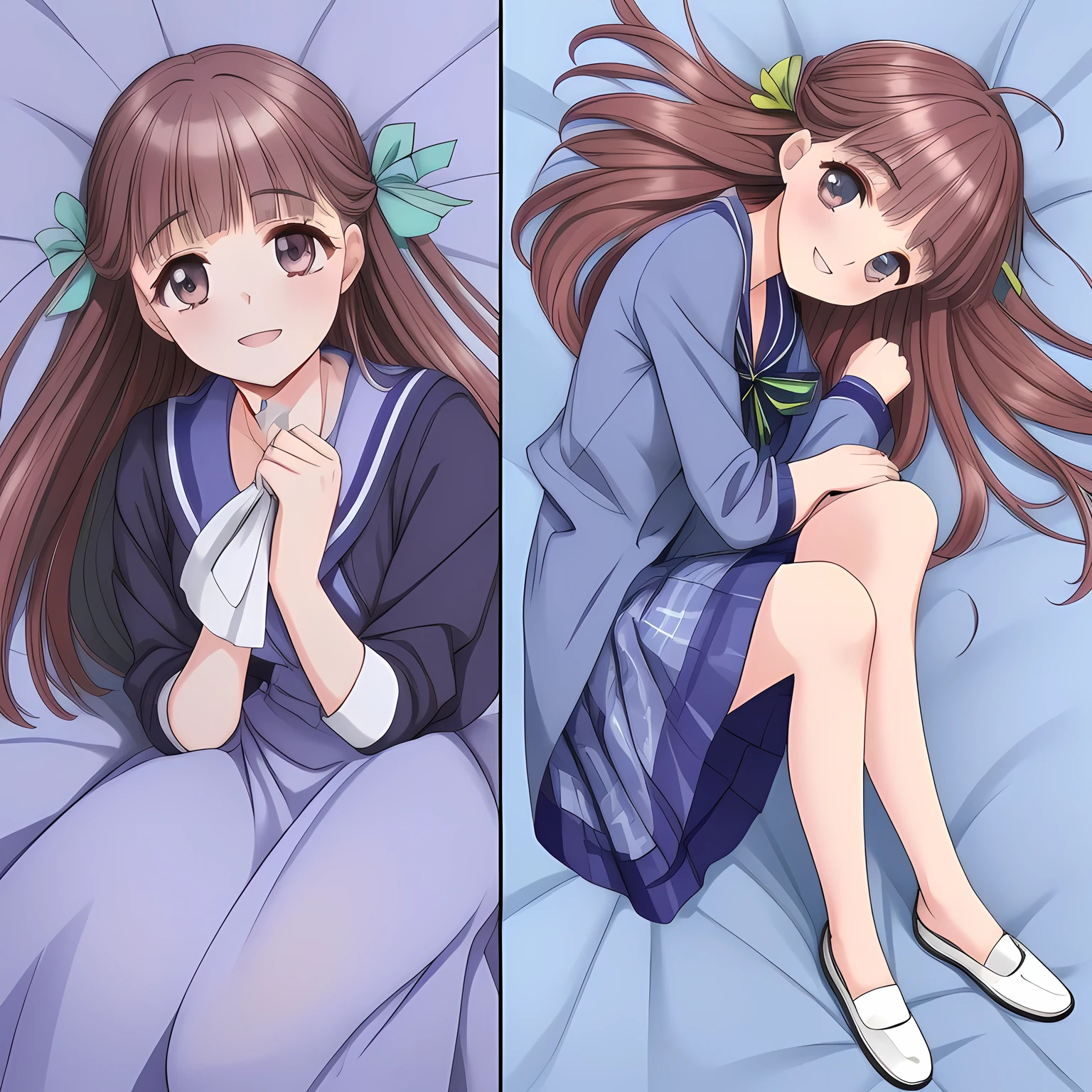 (highest quality, masterpiece: 1.6), (Too pretty intelligent girl with navy uniform is posing as a fashion magazine model with a perfect supreme smile, looking down elegantly and laughing at the viewer, Too Beautiful noble 18yo beautiful anime noble heroine, unbelievable beauty, beautiful giggling noble elegant 18yo neat anime heroine wares completely white neat blouse covered by navy-blue-expensive-blazer and navy-blue-checkered-plaid-school-skirt with metallic luster, inviting me to the world of neat school-uniform pleasure, Noble Elegant blazer-style school uniform with prettiest blouse and blue-breast ribbon, beautiful legs with white socks, loafers: 1.5), (Anime-heroine's girly noble brown winked eyes are shining. one-eye is closed, the other is open. The eyes have deep strong effect of allusion to the viewer: 1.6), (Eyes, face and hair are especially beautifully detailed and beautifully drawn: 1.8), (Girl whom everyone loves because of her beauty and lovely fashion and noble manner and magic-charm: 1.4), (Very beautiful, various, cute gorgeous rich dark black hair like seducing hair model, with elegant big yellow hair ribbons: 1.5), (Perfect style like a famous school fashion model: 1.2), (Clearly-detailed well-contrasted neat bewitching too-expensive atmosphere foreground: 1.8), (Dark-blue background: 1.9), (Viewer can't to stop falling into deep allusion by her beautiful seducing sweet pure soprano voice with extreme pleasure with high-class classic music: 1.8), (Show her front and back of full-body shots on the bed side by side: 1.5)