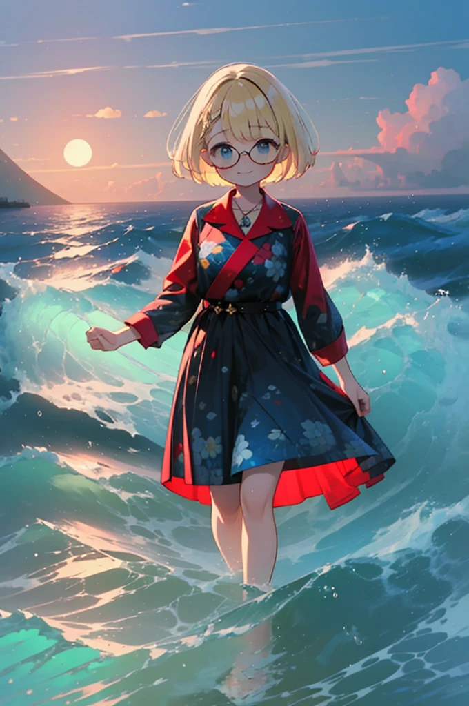 (8k,  super high quality , masterpiece:1.2),  super high res,  cute,  girl , solo, whole body, Blonde, Blue Eyes, Navy Blue Dress, Red floral pattern, Hawaiian Dress, sea,  like a ,  bright smile, soaked, whole bodyに水滴,  walking with hands on a cliff , Submersion, 