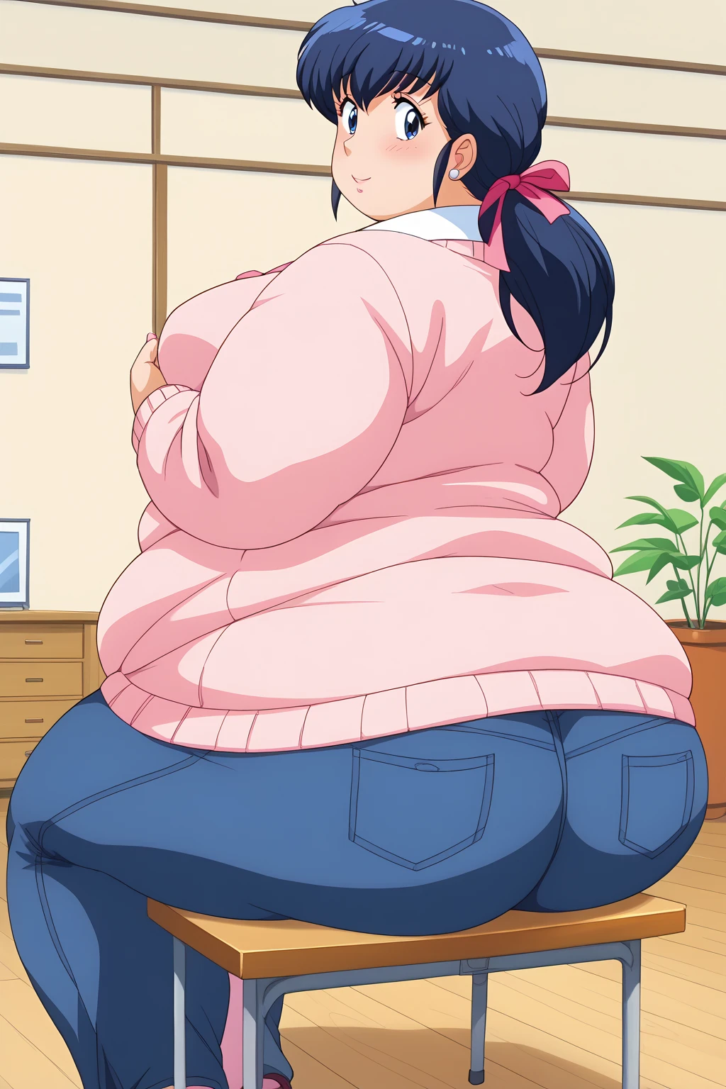 (masterpiece, best quality, hyper quality, perfect anatomy, finely detailed, intricate details, Impeccable attention to detail, masterful execution, beauty, Exceptional quality, flawless craftsmanship, expressive artistry:1.3), (bbw, chubby, plump:1.45), 1girl, nsfw, black hair, long hair, bang, wide waist, wide body, huge ass, viewed from behind, sitting on desk, gym shorts, gym shirt