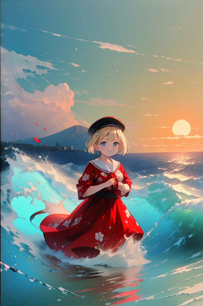 (8k,  super high quality , masterpiece:1.2),  super high res,  cute,  girl , solo, whole body, Blonde, Blue Eyes, Navy Blue Dress, Red floral pattern, Hawaiian Dress, sea,  like a ,  bright smile, soaked, whole bodyに水滴,  walking with hands on a cliff , Submersion, 