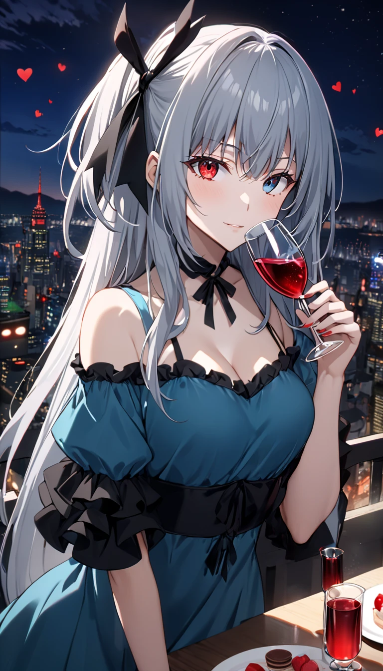  Hair Curler,  masterpieces , precise,  best quality,  high profile , โมเดล Hair Curler,  Background Converter,  night view of the city,  Green Dress from TenSura Series - Tensei Shitara Slime Datta Ken, Luminous Valentine, Long hair, Gray hair, (  blue eyes:1.2),  red-eyed( red-eyed:1.2), Black pupil,  redhead,  medium breasts,  series, wear a blue dress, Holding a glass of wine, As a vampire , Black hair ribbon 