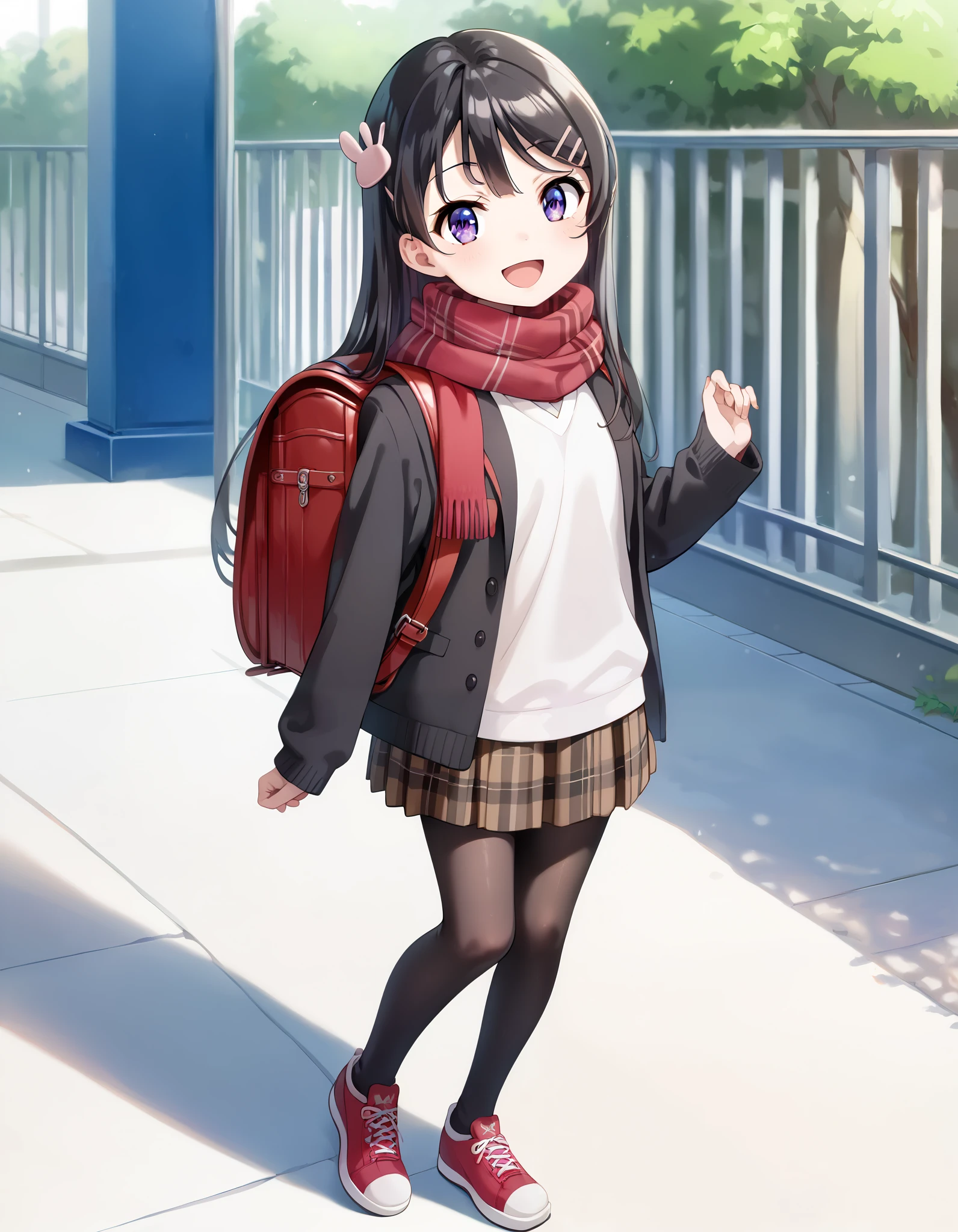 Hd, (littlegirl:1.2) (slender body) (thin body), long hair, black hair, purple eyes, hairclip, rabbit hair ornament, Mai Sakurajima, wearing black cardigan, white shirt, opened jacket, red scarf, scarf on neck, winter scarf, wearing plaid skirt, brown plaid skirt, black pantyhose, sneakers, wearing Randoseru  backpack, red backpack, (white skin) happy and confident expression. full body, (ch1ldren playing), short girl, cute girl, (loli:1.2), (ch1ldren:1.2), long straight hair, thin legs, flat chest, flat breasts. (happy, smile, cheerful), Standing, outdoor