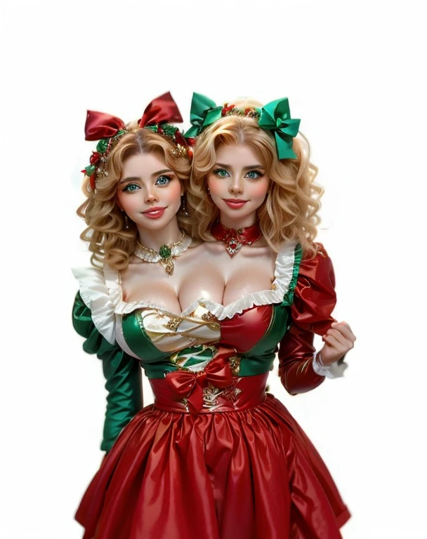 Two women dressed in costumes posing for a photo, elves, pretty girls, red and green, Holiday season, two girls, green and red,  beautiful Gemini twins , rojo verde,  beautiful Gemini twins  portrait, promotional art, official work,  beautiful girls