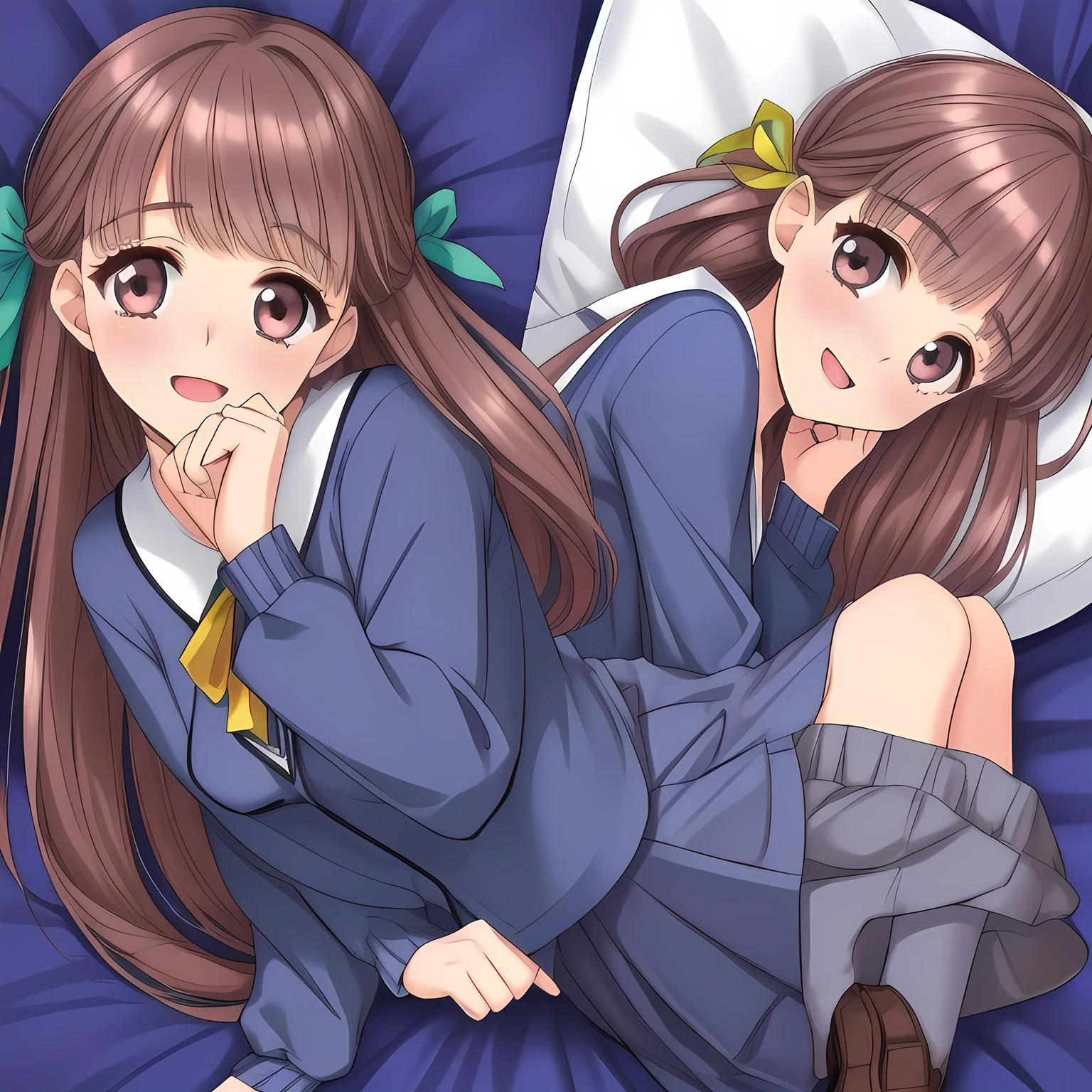 (highest quality, masterpiece: 1.6), (Too pretty intelligent girl with navy uniform is posing as a fashion magazine model with a perfect supreme smile, looking down elegantly and laughing at the viewer, Too Beautiful noble 18yo beautiful anime noble heroine, unbelievable beauty, beautiful giggling noble elegant 18yo neat anime heroine wares completely white neat blouse covered by navy-blue-expensive-blazer and navy-blue-checkered-plaid-school-skirt with metallic luster, inviting me to the world of neat school-uniform pleasure, Noble Elegant blazer-style school uniform with prettiest blouse and blue-breast ribbon, beautiful legs with white socks, loafers: 1.5), (Anime-heroine's girly noble brown winked eyes are shining. one-eye is closed, the other is open. The eyes have deep strong effect of allusion to the viewer: 1.6), (Eyes, face and hair are especially beautifully detailed and beautifully drawn: 1.8), (Girl whom everyone loves because of her beauty and lovely fashion and noble manner and magic-charm: 1.4), (Very beautiful, various, cute gorgeous rich dark black hair like seducing hair model, with elegant big yellow hair ribbons: 1.5), (Perfect style like a famous school fashion model: 1.2), (Clearly-detailed well-contrasted neat bewitching too-expensive atmosphere foreground: 1.8), (Dark-blue background: 1.9), (Viewer can't to stop falling into deep allusion by her beautiful seducing sweet pure soprano voice with extreme pleasure with high-class classic music: 1.8), (Show her front and back of full-body shots on the bed side by side: 1.5)