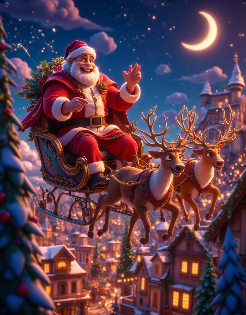 highly detailed, dynamic, cinematic, stunning, realistic lighting and shadows, vivid, vibrant, octane rendering, Unreal Engine, highly detailed, concept art, realistic, cry engine, (dramatic, grainy, intense: 1.4), highest quality, 32k uhd, incredibly detailed, intricately detailed, ultra detailed, ultra high quality, high detail, ultra detailed, masterpiece, A magical 3D Disney-style animation scene of (huge muscular Santa Claus) riding his sleigh, pulled by eight majestic reindeer, soaring high across a starry Christmas Eve sky. huge muscular Santa, dressed in his classic red suit and hat, waves cheerfully as he prepares to deliver presents to ren around the world. The sleigh sparkles with golden magic dust trailing behind, adding a whimsical glow to the scene. Below, a picturesque town is beautifully decorated with festive Christmas lights, with rooftops and trees shimmering in warm colors. The streets are bustling with tiny glowing details of families celebrating indoors. The night sky is deep blue, dotted with twinkling stars and the soft glow of a crescent moon, creating a sense of wonder and warmth. The style is vibrant and colorful, capturing the charm and magic of a Disney animated holiday story.