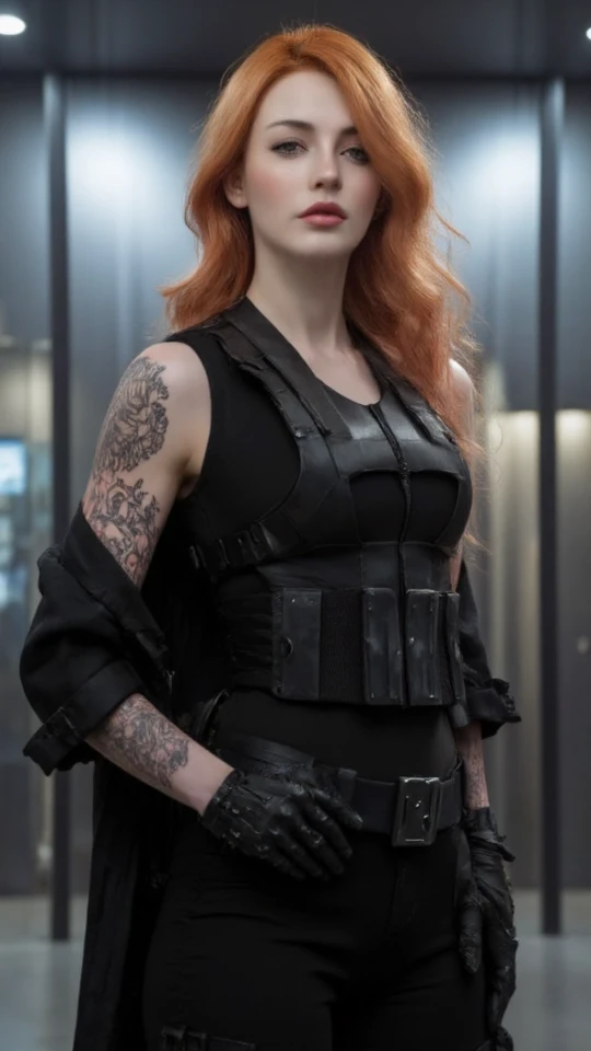 1woman, age 24, Solo, Aesthetic artwork, irish redhead, long ginger hair, commanding presence, stern glare, wavy red hair, green eyes, floral tattoo on shoulder, pale skin, sci-fi themed clothes, long black trench coat, black trousers, skin tight tactical vest over sleeveless shirt, covered abdomen, C-cup, medium breasts, fit and slim body, detailed skin texture, dynamic pose, sci fi indoors, cyberpunk themed artwork (extremely detailed 8k wallpaper), cinematic lighting, high quality, Fujifilm XT3 sharp focus, f 5.6, 50mm, High Detail, Sharp focus,(estudio light), crazy details, complex details, hyper detailed.