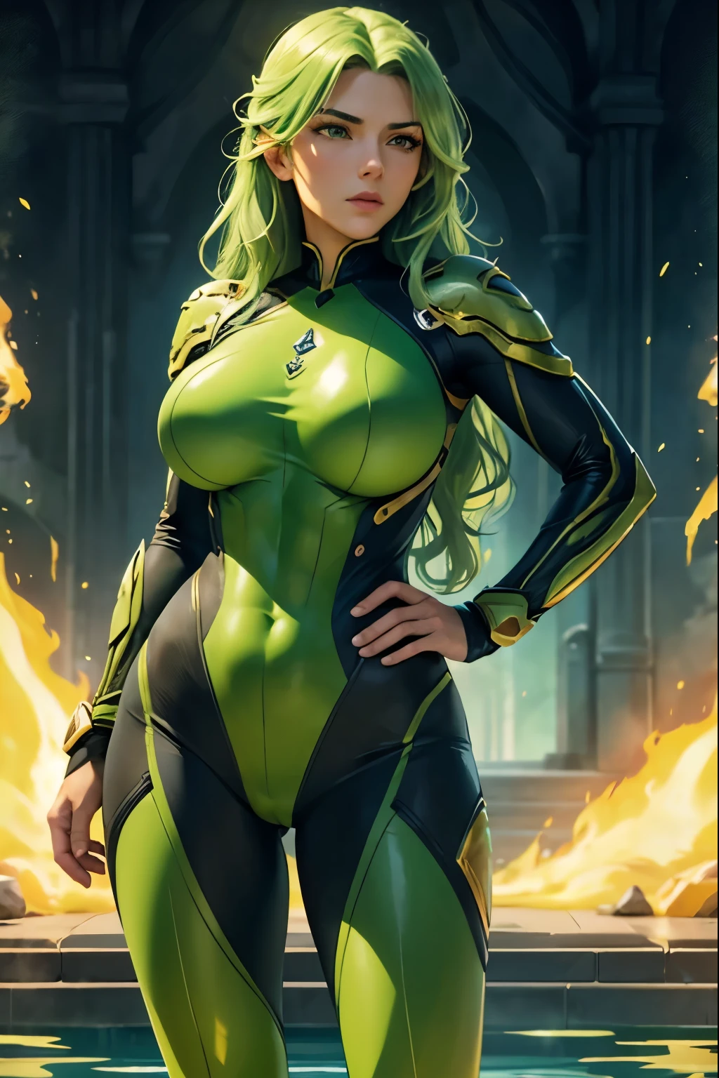 masterpiece, best quality, agrias, a woman, solo, naked, green hair, high leg, wavy hair , detailed face, age 22, big breast, standing, hands on hip, thermal waters, green flames, green bodysuit