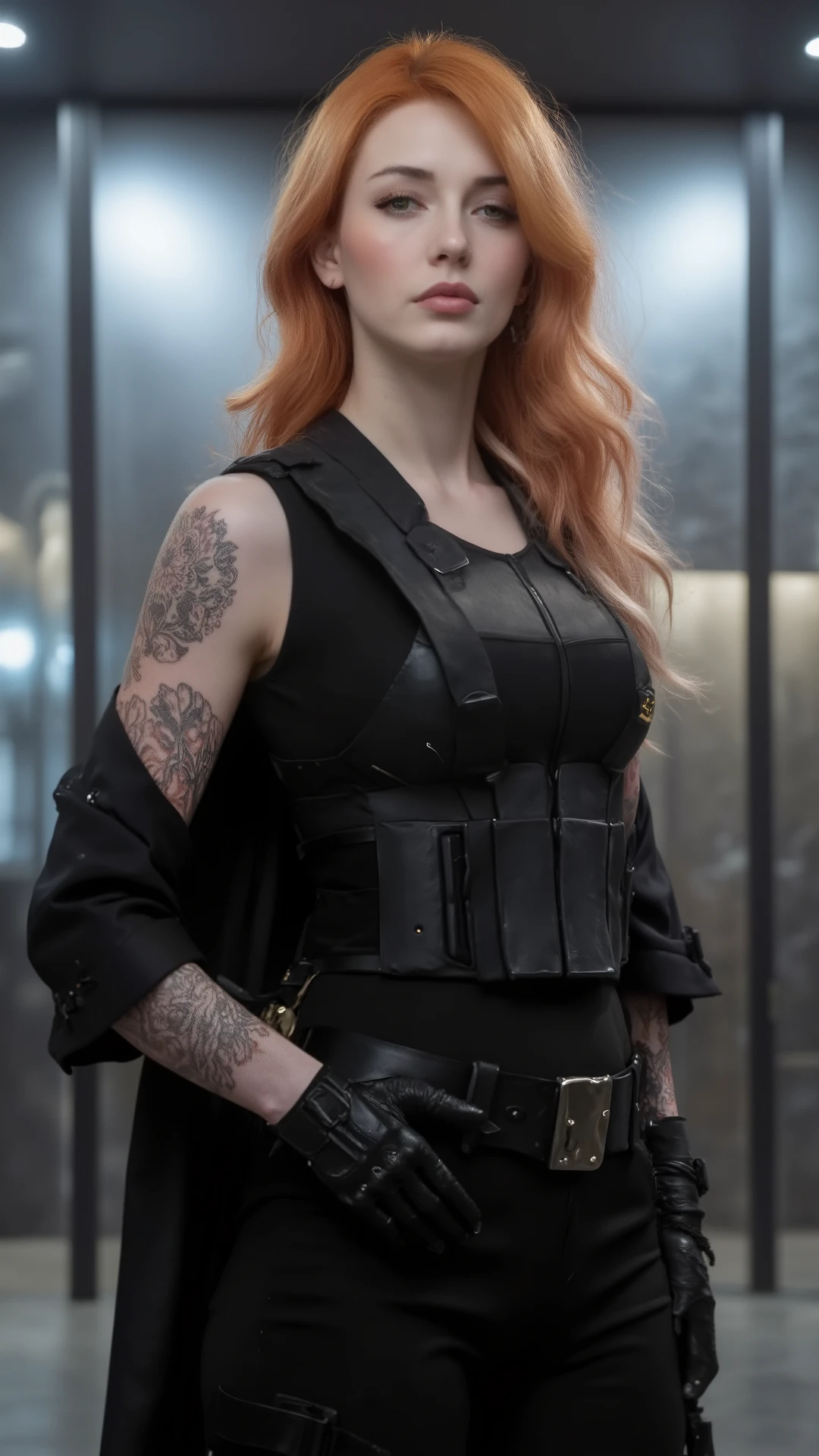 1woman, age 24, Solo, Aesthetic artwork, irish redhead, long ginger hair, commanding presence, stern glare, wavy red hair, green eyes, floral tattoo on shoulder, pale skin, sci-fi themed clothes, long black trench coat, black trousers, skin tight tactical vest over sleeveless shirt, covered abdomen, C-cup, medium breasts, fit and slim body, detailed skin texture, dynamic pose, sci fi indoors, cyberpunk themed artwork (extremely detailed 8k wallpaper), cinematic lighting, high quality, Fujifilm XT3 sharp focus, f 5.6, 50mm, High Detail, Sharp focus,(estudio light), crazy details, complex details, hyper detailed.