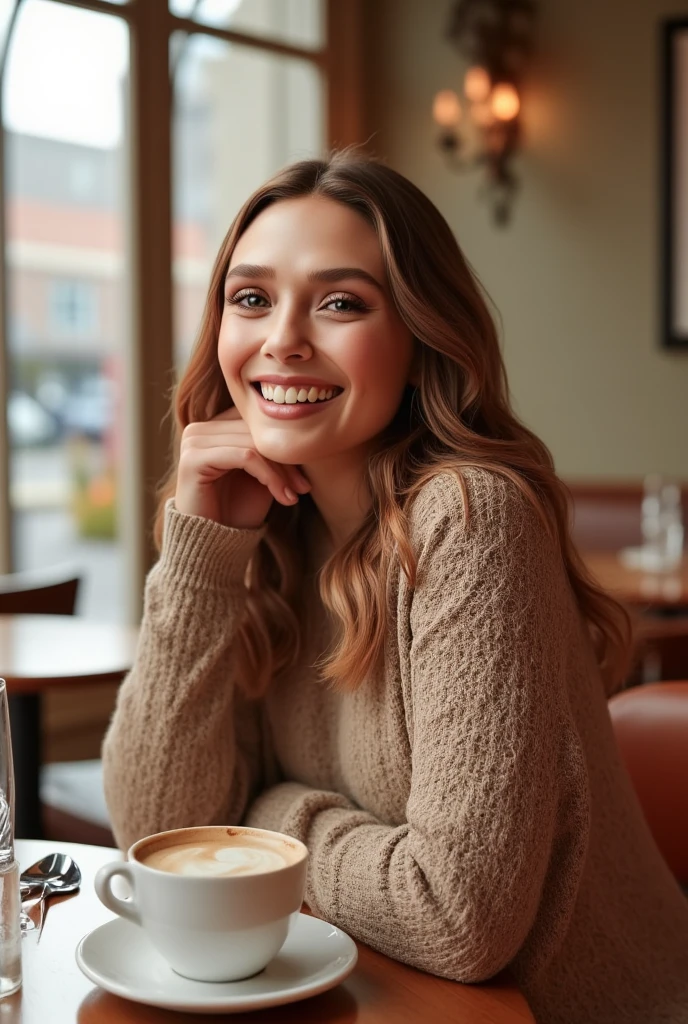 Realistic photo of elizabetholsen wearing a sweater dress sitting in cafe having a coffee, looking at viewer smiling