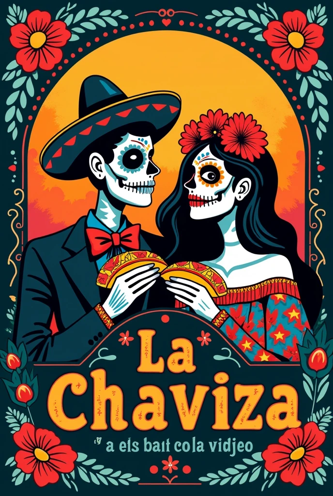 skull boy and girl couple, wearing brightly colored mariachi costumes, smiling, Mexican Day of the Dead cartoon style as a logo for a restaurant, with a sign above them that says "Restaurante de Nephy", and with a transparent background