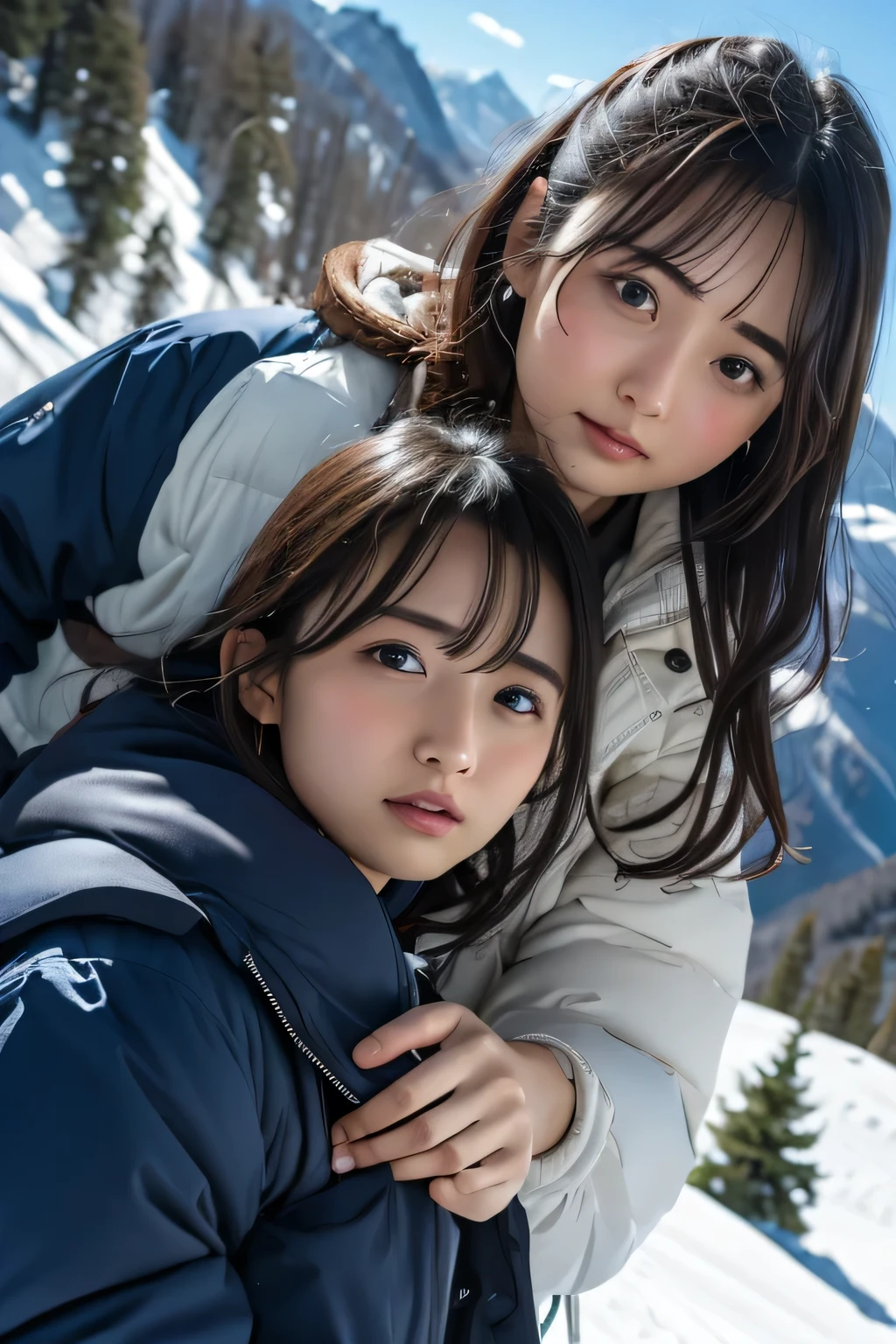 ( top quality , masterpiece:1.2),  super detailed ,  high res, 8k wallpaper,  perfect dynamic composition,  snowy mountains、Ski、It looks like they don't like it 、 a man puts his hand in a woman's clothes 、 man touches a woman's chest、 a man clings his wings from behind、 big breasts、 cute faces 、 beautiful eyes、 from above、 seen from above、Clothes get torn、