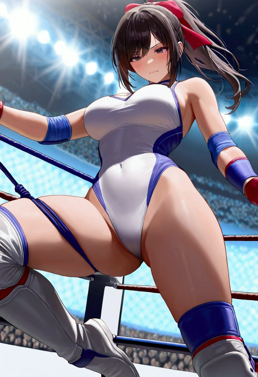 ((((masterpiece)))), (( unity 8k wallpaper, photorealistic , (( detailed face )), ((nsfw)), Female Pro Wrestler with Floating Legs,Umesaki Haruka ,Painful face, absolute center,Ponytail,ribbon,Pure white leotard,Elbow guard, leg protector ,3 ropes strung on all sides of a pro wrestling ring,Stand across the top rope in pro wrestling