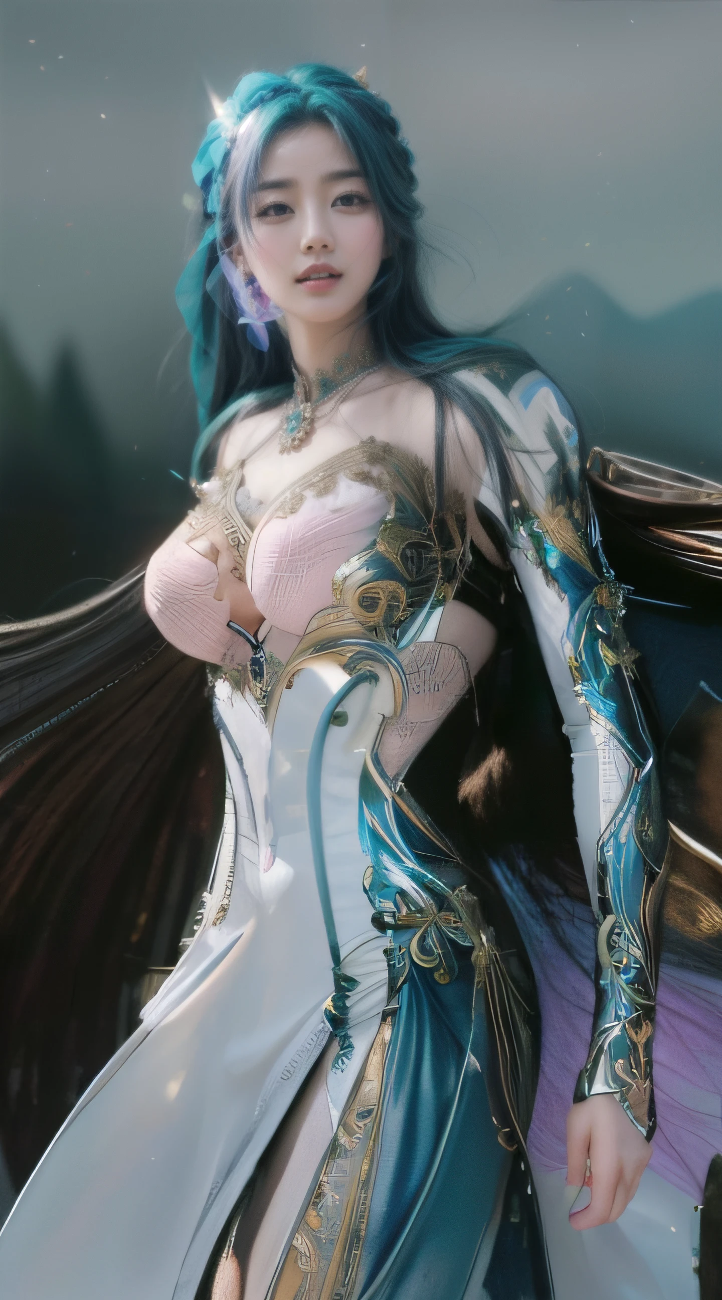 ethereal girl::3 intricate details, ornate, detailed illustration, octane render, beautiful girl, trending on artstation, expansive landscape photograph , (a view from below) ((water mark: senzey ramen)), (glowing lighting, atmospheric lighting), dreamy, magical, (solo:1.2) (((realistic)))