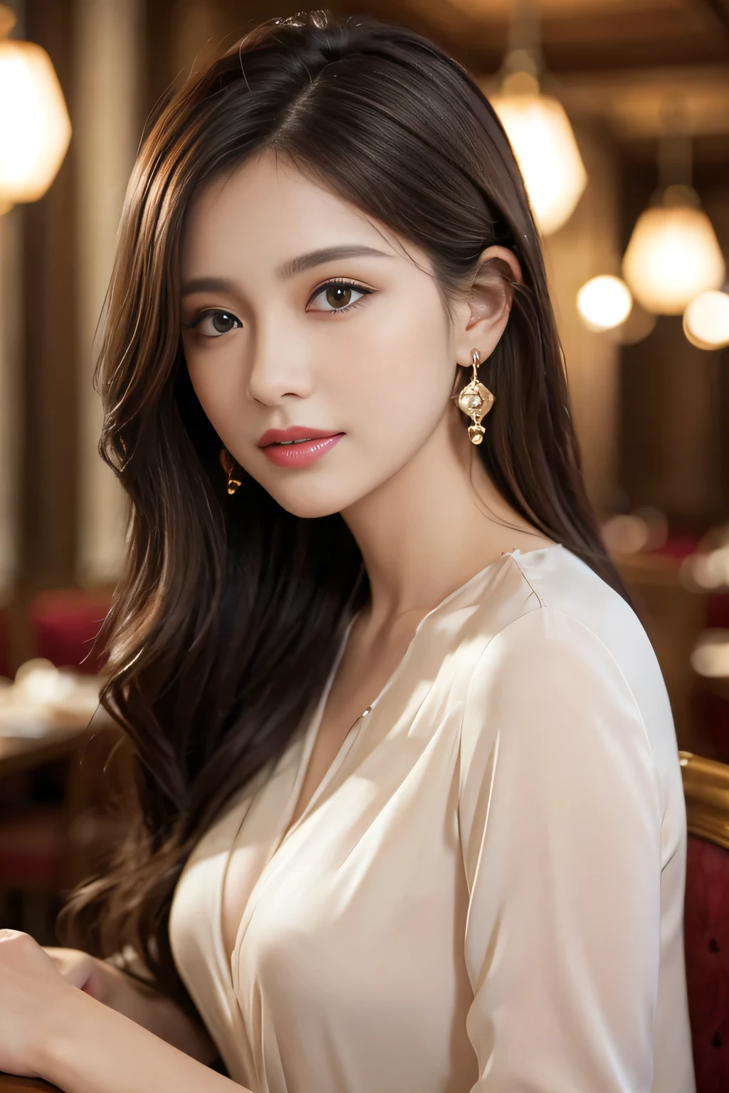 Ultra HD resolution，artistic photos，Professional candid Photography，((21 year very sexy girl, earrings, long brunette hair, cold ultra realistic skin, wearing night silk blouse)), on bed, reading a book, in a room at night, smiling at viewer, natural red lips, attention to detail