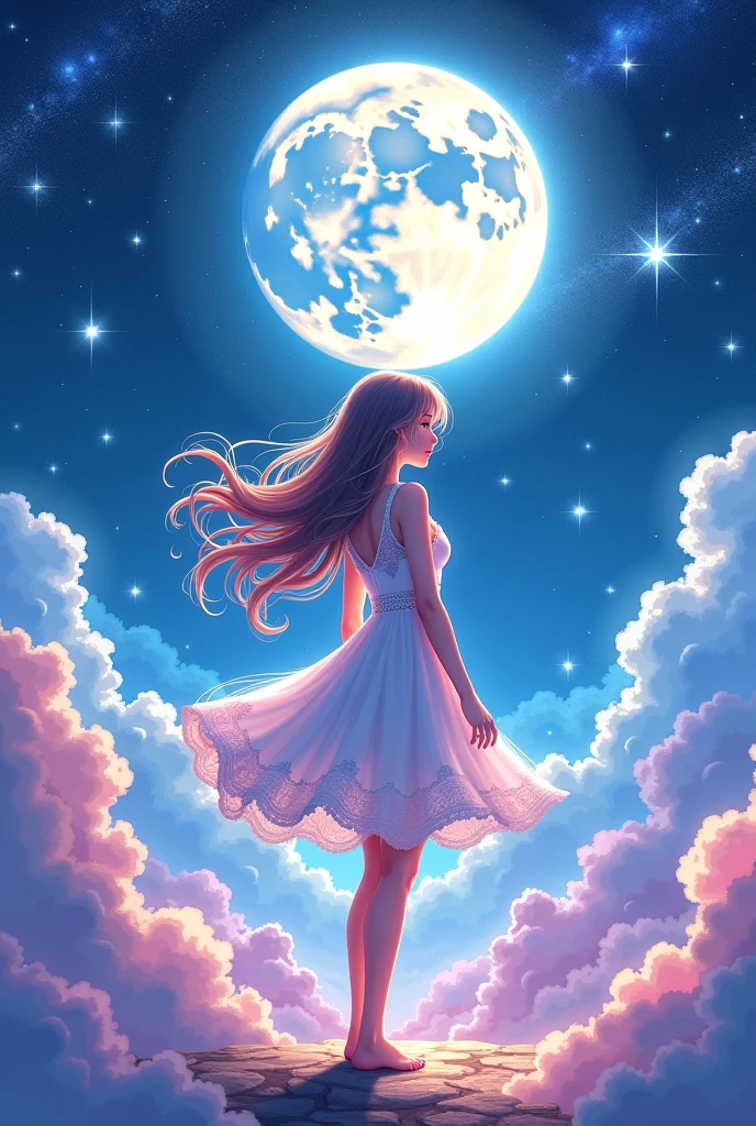  Attractive girl in a white floral dress, Moonlight shines off her figure, Her long, flowing curls sparkle in the moonlight, Twinkling Star々Featuring a charming girl in a white court dress, Swirling Galaxy, Shining with the wonders of the universe, The sea of clouds glows brightly in rainbow colors and perfectly frames the stunning cosmic background with 、 anime art style 、 high image quality、masterpiece、