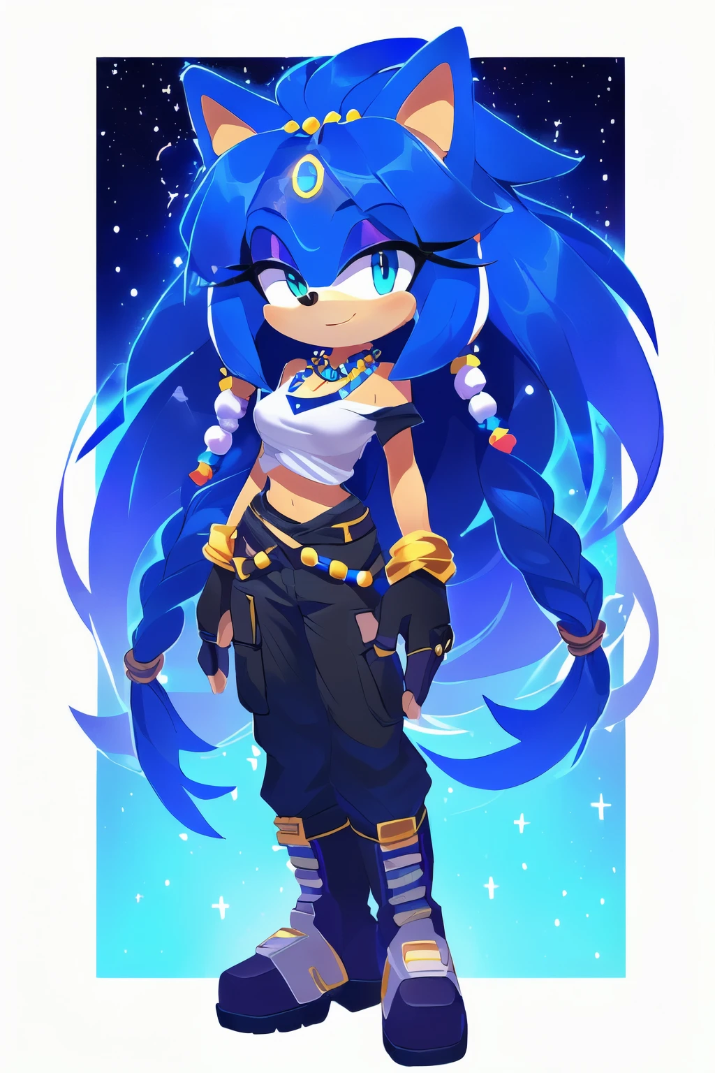 Sonic oc, Mobian, female, sonic the hedgehog but female, Cosmic hedgehog, A beautiful light blue hedgehog, purplish blue eyes, very long hair/quills, braided and beaded long hair bangs, long streaks of hair on each side of her face, (star constellation on hair, beads on hair, smooth fur, slim thick hourglass body, slim fit, wearing a grey baggy shirt, black cargo pants, white linen tied on the waist, boots, fingerless gloves, beaded hair and rings on hair flowing hair, standing with her hands on the ground