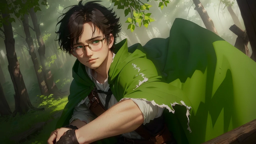 Boy、short hair、dark gloves、brown shorts、big round glasses、adventurer、teenager、、、head down、langry、smile、despondency、betrayal、chill、hurt、make up for、forgive、rounded glasses、green cape、full body、brown coat、white shirt、green tie、brown shorts、black boots、dynamic pose、1 person、splash art、exterior background、natural lighting、moody atmosphere、forest environment、realistic proportions、messy hair、subtle tear streaks、soft facial shadows、slightly flushed cheeks、visible emotion、conflicted expression、like features、fine texture on clothing、movement in the cape、dusty boots、intricate detailing on fabric、slight wind effect、focused composition、rich color depth、high contrast shading、detailed foliage backdrop、emotive storytelling pose、immersive perspective、slight tilt in head、downtrodden gaze、small hands、ish innocence. green cape, rich dark green fabric, slightly worn with frayed edges, tattered in places, flowing dramatically in the wind, draped over the shoulders, deep green shade, natural folds and creases, subtle light reflecting off the fabric, heavily textured fabric with slight distressed marks, slightly faded in some areas, vibrant green base color, shading near the edges, green hue consistent with natural lighting, creases showing movement, worn and weathered look, shadowing under the cape for added depth, natural fabric texture visible, ruffled and loose in motion, green tones blending with atmospheric lighting. Soft but determined eyes, slightly glassy with visible tear streaks that reflect ambient light.