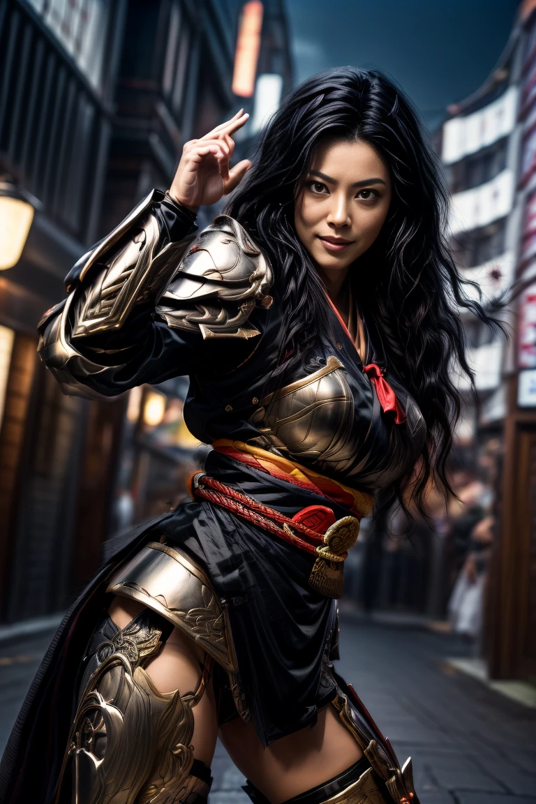  a sexy mature female character wearing armor as a Assassin from the sengoku period 、((mature Assassin female with a sharp Japanese sword:1.3, Fight:1.2)), beautiful and aesthetic, cute and sexy beauty, perfect style:1.2,((ties up long black hair hair:1.5))、((onyx black hair))、((toned body))、(glistening skin)、((beautiful breasts 1.3))、 plump breasts 、 plump thighs 、( A sexy female character wearing a black and red kimono armor )、(embarrassing smile, The expression on your face when you feel intense caress, Facial expression when feeling pleasure), (Wearing a  ninja armor:1.1, ),  Super high resolution and realistic touch 、 ((dynamic fighting pose))、((dynamic pose))、 Strong yet elegant atmosphere ,A dynamic pose is depicted in detail、、Take a pose in midnight time the streets of the Sengoku period,