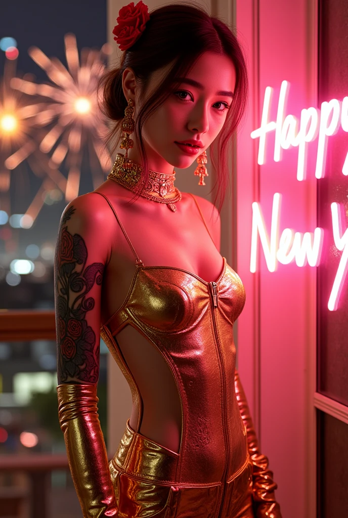 eloquent fashion renders by julian, in the style of ilya kuvshinov, golden light, exotic realism, dan mumford, smooth and shiny, xiaofei yue, ferrania p30::3 , a skinny slim **** girl in a golden skintight suit is posing in a light room, beautiful Golden light through a window, Colorful fireworks outside the window, (she is holding an pink neon sign text "Happy New Year"), white and red rose’s in here hair, in the style of hyper-realistic oil, asian-inspired, light silver and light magenta, illustration, shiny/glossy, glamorous hollywood portraits, detailed character illustrations :: 2, a young happy neon pink haired girl in a tight cosmic dress, i can't believe it can be so marvelous and stunning, full-body tattoos, ornate, rococo, grotesque, ornate, art nouveau, symmetrical, turquoise jewelry, red smoke, roses, hypermaximalist, elegant, vintage, hyper realistic, super detailed, pastel colors