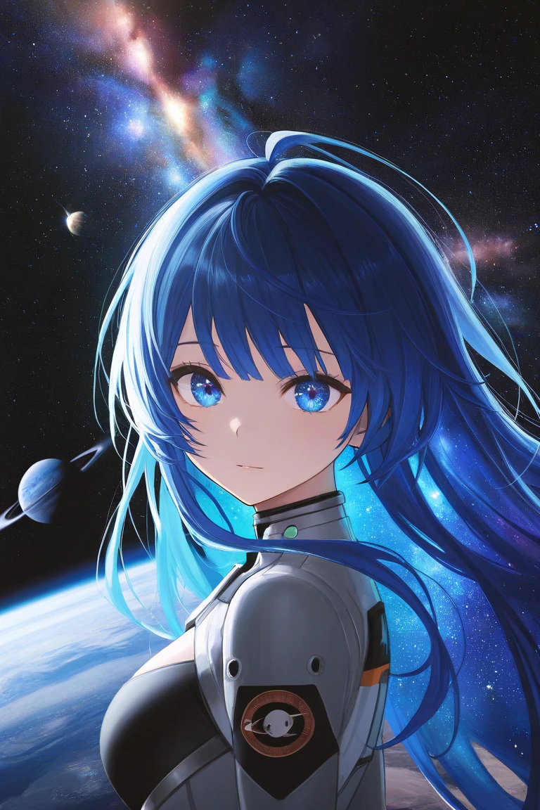 best quality, detailed, 4k, raw photo, masterpiece, detailed face,, stars, planets, galaxy, space,, a photo of anycemar flying in space, blue hair, bangs, long hair, looking at viewer, 