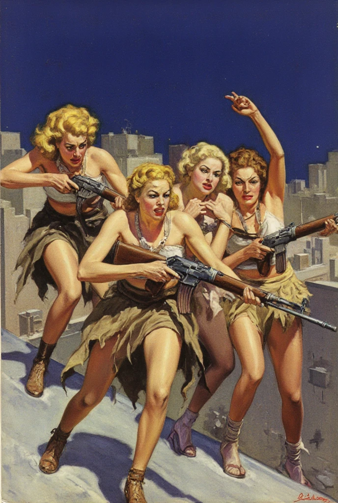 "A group of determined women armed with rifles, wearing tattered sarongs and skirts, depicted in a wartime Golden Age comic style. The scene captures their bold and fearless demeanor as they climb across a rooftop in an urban setting. The artwork is inspired by the dramatic, high-contrast illustrations of Milton Caniff, blending a noir detective vibe with the grit and suspense of wartime pulp storytelling." blonde model  pulp oil painting flappers