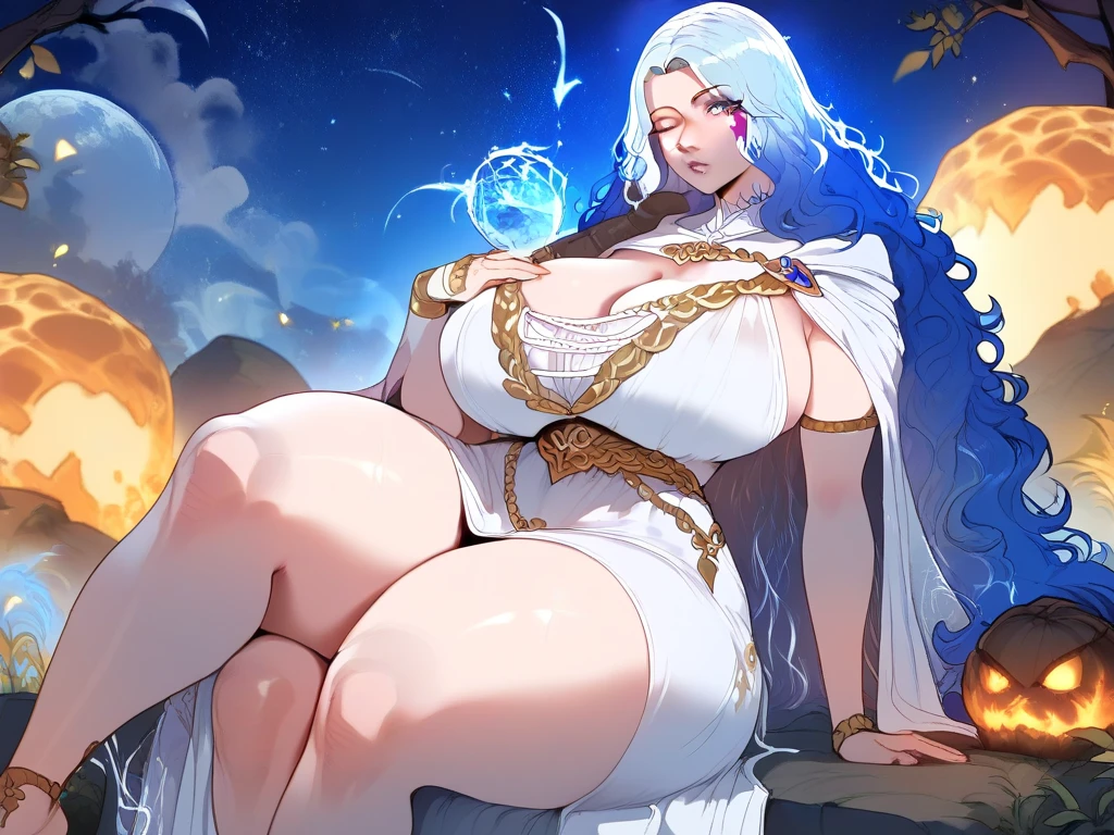 Ranni from Elden Ring  , massive boobs  ,  massive hips , massive thighs  ,  sitting on a rock in a meadow on a dark night with a little fog,blue colored hair ,  dressed in a white dress that highlights her voluptuous and beautiful figure ,  besides that dress reveals her enormous breasts , light blue skin ,  dark night full moon  