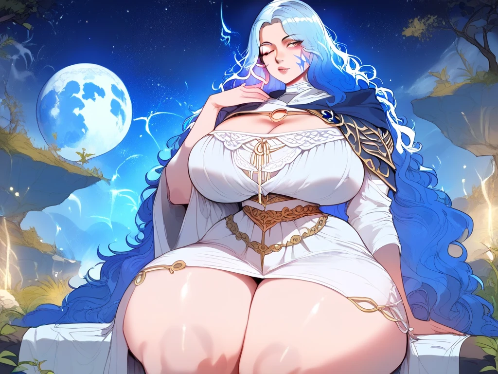 Ranni from Elden Ring  , massive boobs  ,  massive hips , massive thighs  ,  sitting on a rock in a meadow on a dark night with a little fog,blue colored hair ,  dressed in a white dress that highlights her voluptuous and beautiful figure ,  besides that dress reveals her enormous breasts , light blue skin ,  dark night full moon  